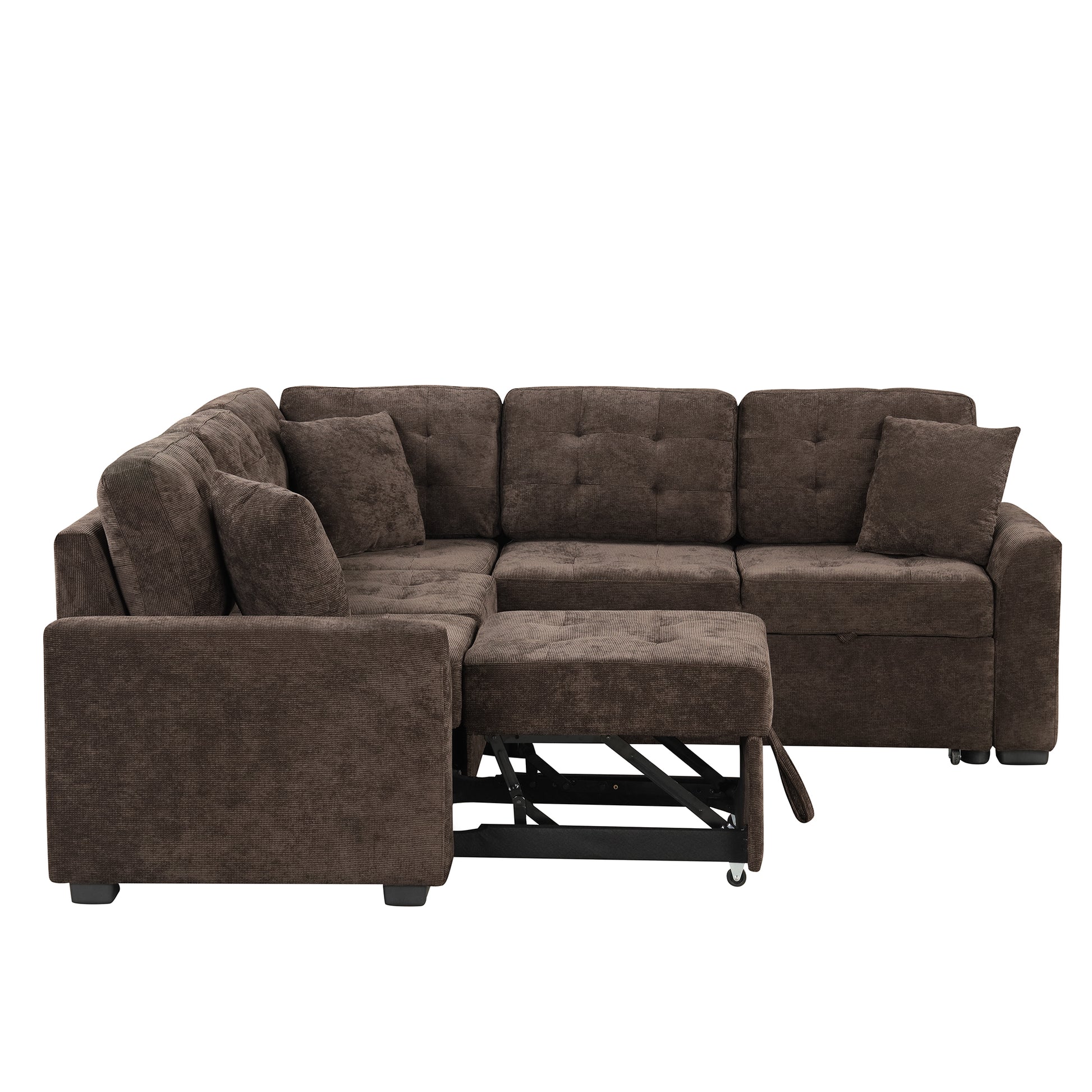 82.6" L Shape Sofa Bed Pull Out Sleeper Sofa With Wheels, Usb Ports, Power Sockets For Living Room, Brown Brown Foam Velvet