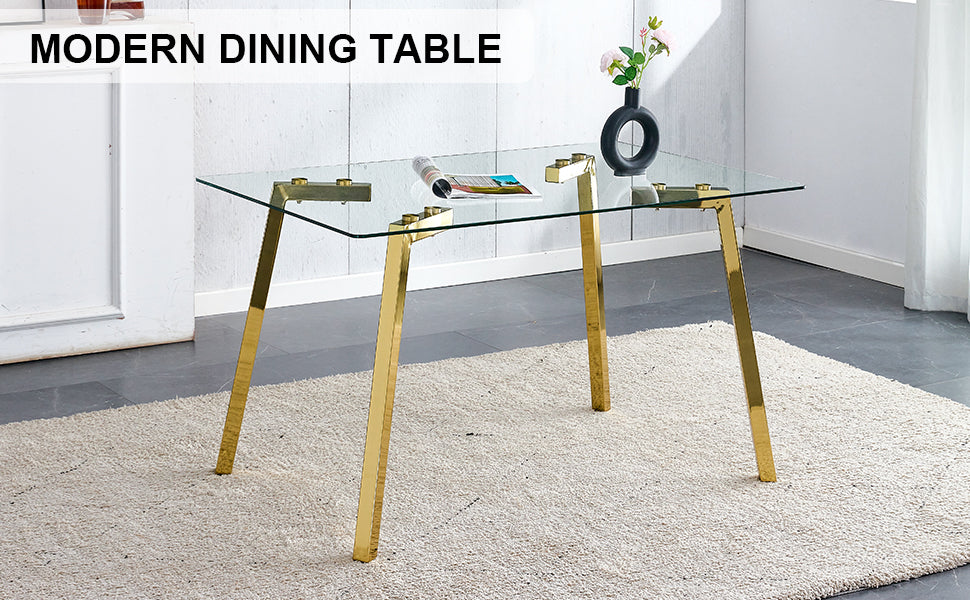 Modern Minimalist Style Rectangular Glass Dining Table With Tempered Glass Tabletop And Golden Metal Legs, Suitable For Kitchen, Dining Room, And Living Room, 51 " * 31.5 " * 29.5 "1123 Transparent Glass