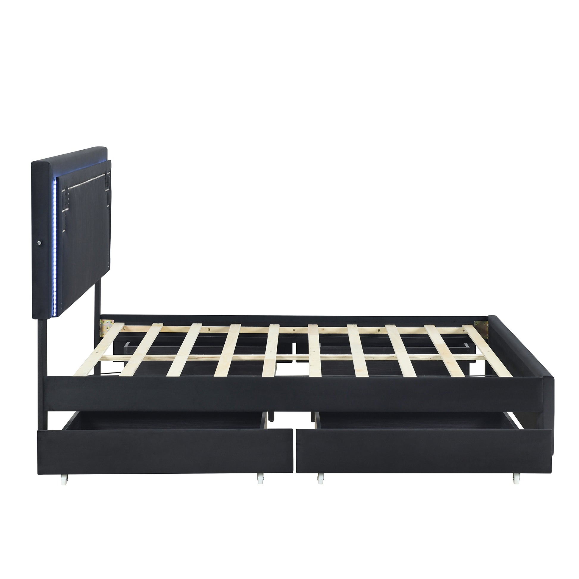 Queen Size Upholstered Platform Bed With Rivet Decorated Headboard, Led Bed Frame And 4 Drawers, Black Black Velvet