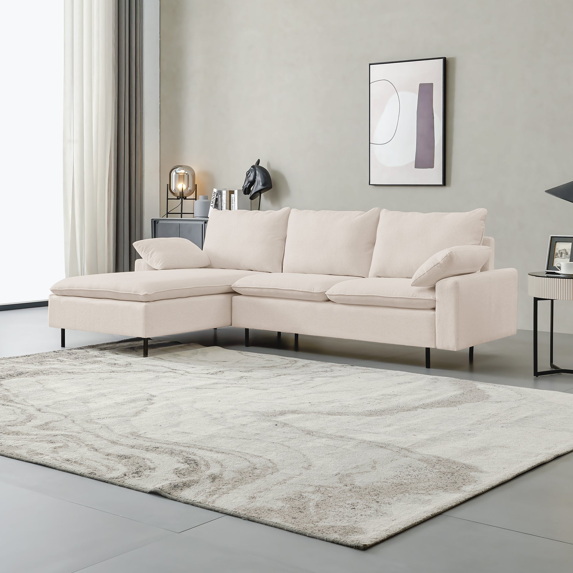 L Shaped Linen Sectional Sofa With Right Chaise Left Facing Chaise ,Beige Beige Fabric 3 Seat