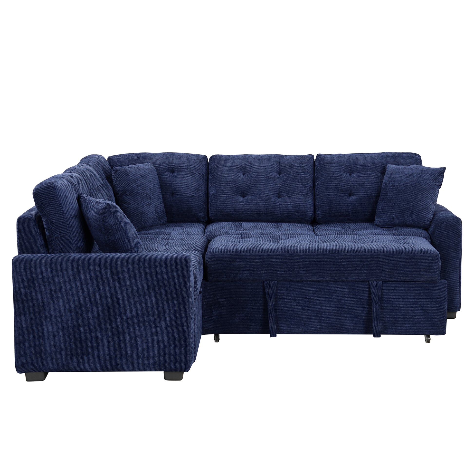 82.6" L Shape Sofa Bed Pull Out Sleeper Sofa With Wheels, Usb Ports, Power Sockets For Living Room, Navy Blue Navy Blue Foam Velvet