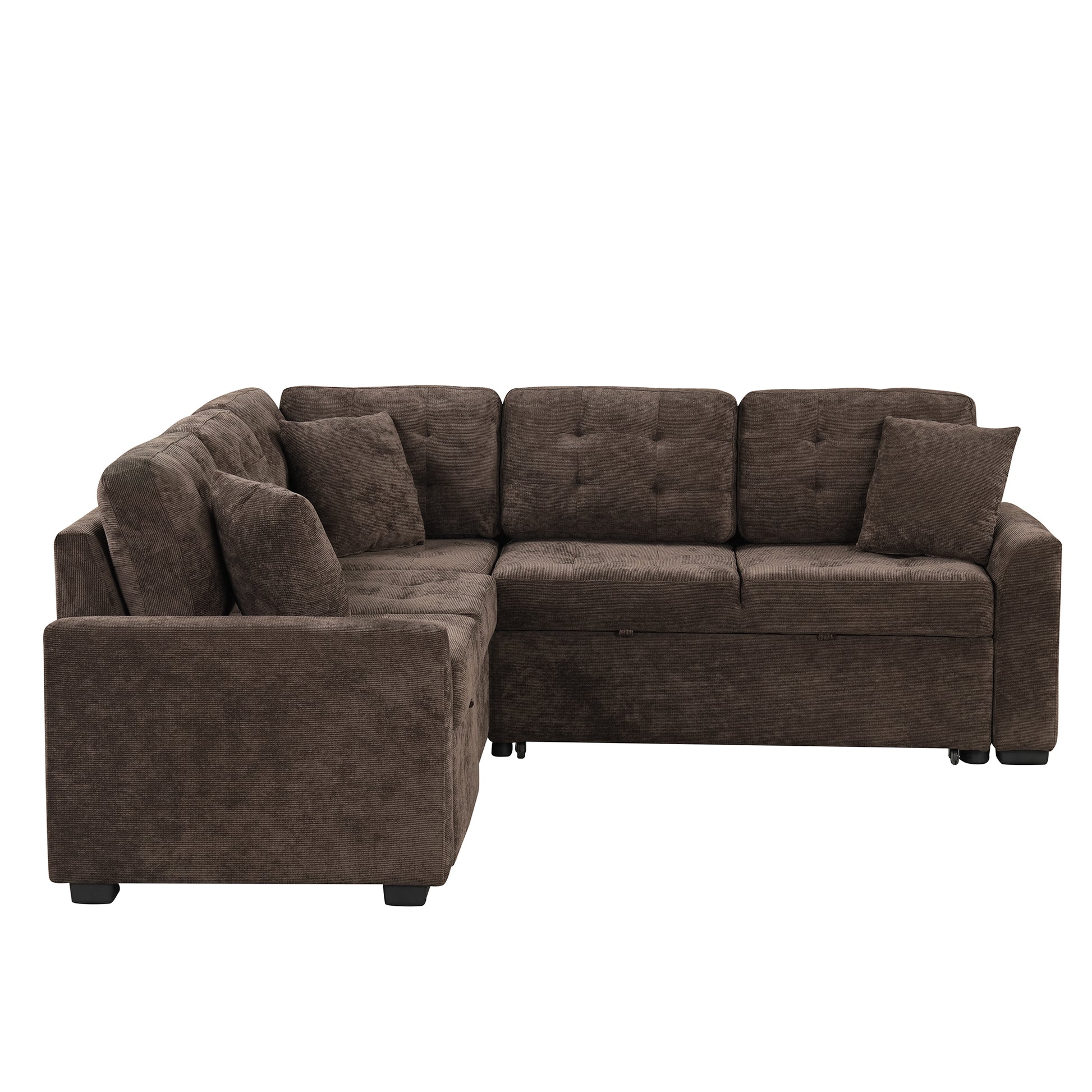 82.6" L Shape Sofa Bed Pull Out Sleeper Sofa With Wheels, Usb Ports, Power Sockets For Living Room, Brown Brown Foam Velvet