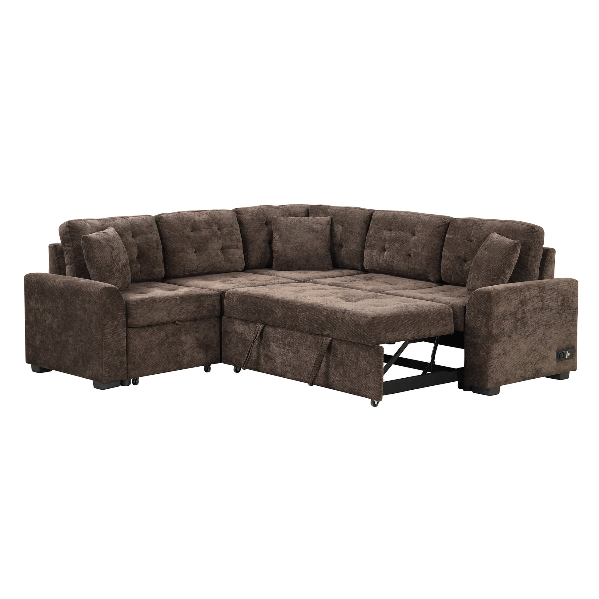 82.6" L Shape Sofa Bed Pull Out Sleeper Sofa With Wheels, Usb Ports, Power Sockets For Living Room, Brown Brown Foam Velvet