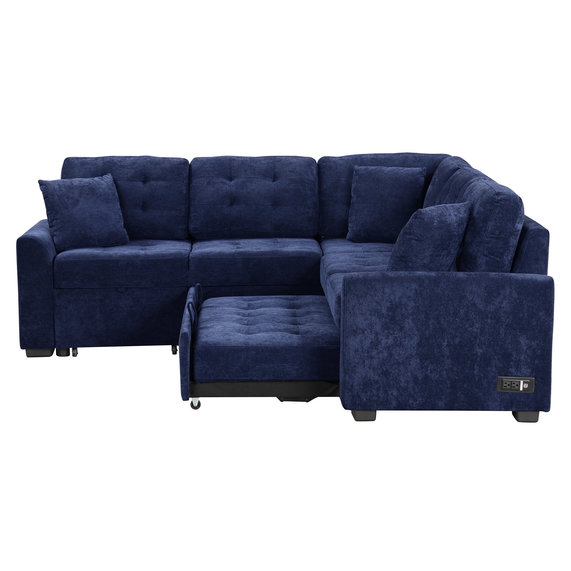 82.6" L Shape Sofa Bed Pull Out Sleeper Sofa With Wheels, Usb Ports, Power Sockets For Living Room, Navy Blue Navy Blue Foam Velvet