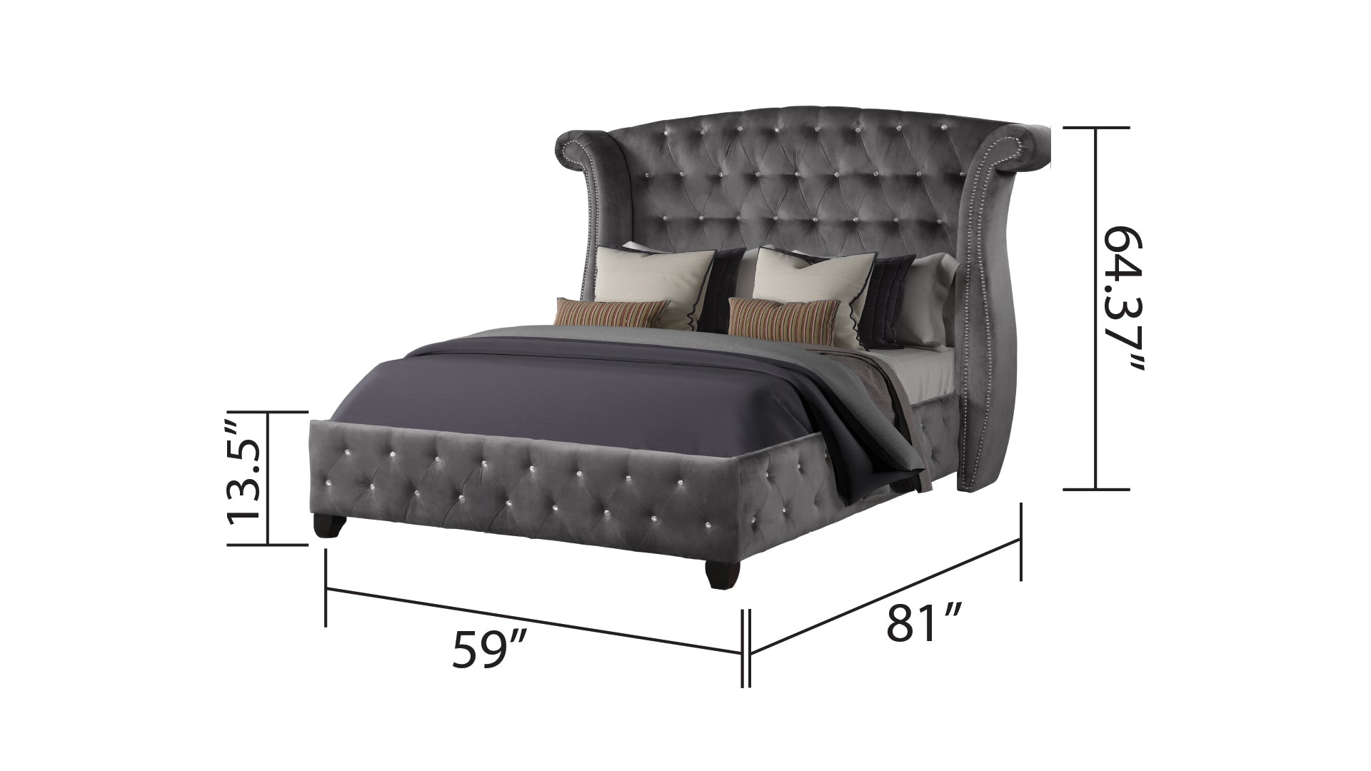 Sophia Modern Style Crystal Tufted Full 4 Piece Includes: Full Size Bed, Nightstand, Dresser, And Mirror Velvet Fabric Upholstery Bedroom Set Made With Wood In Gray Box Spring Not Required Full Gray Wood 4 Piece Set Bedroom Contemporary,Modern Acacia