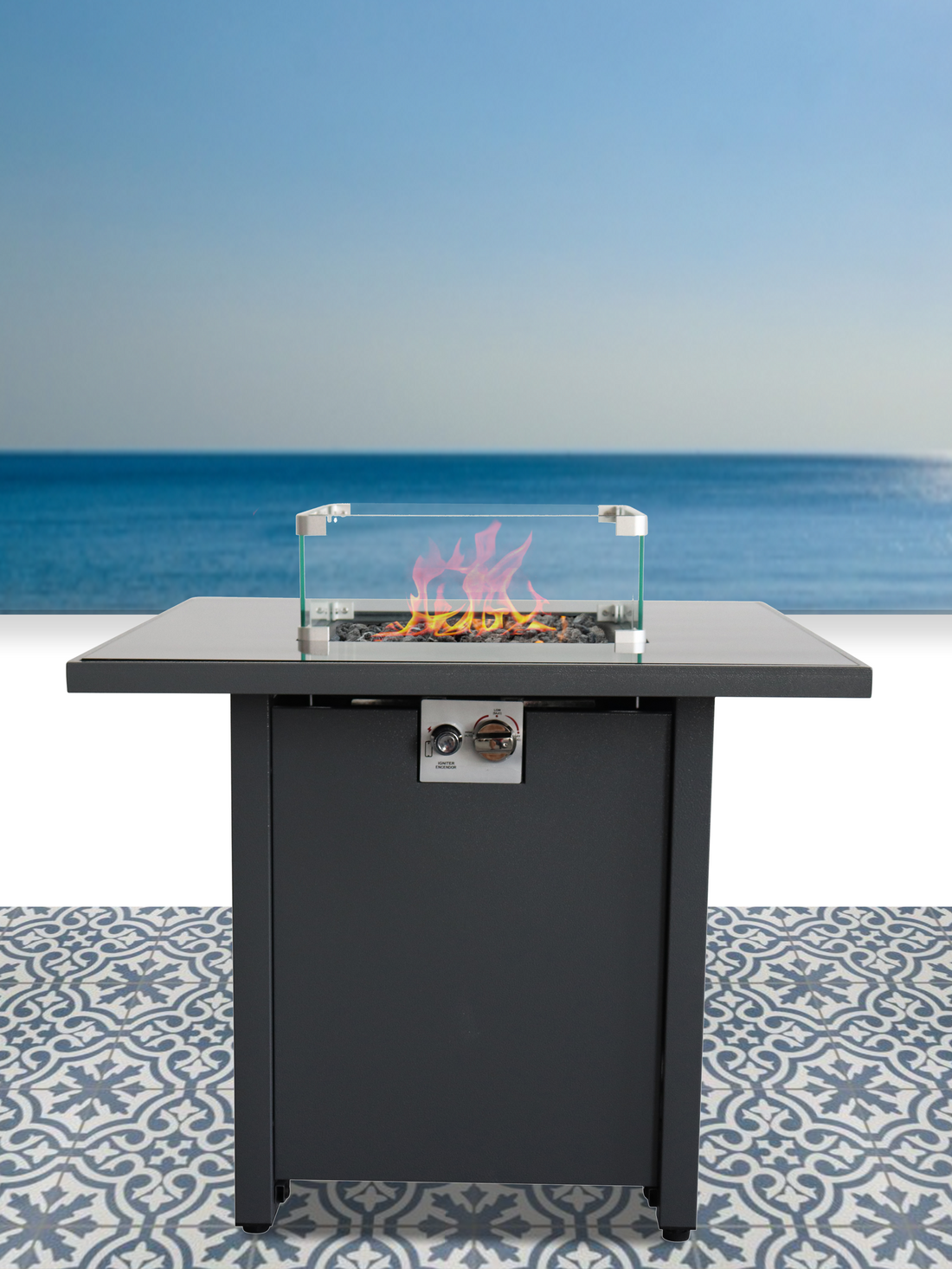 Living Source International 25" H X 30" W Steel Outdoor Fire Pit Table With Lid Gray Garden & Outdoor Modern Stone Stainless Steel