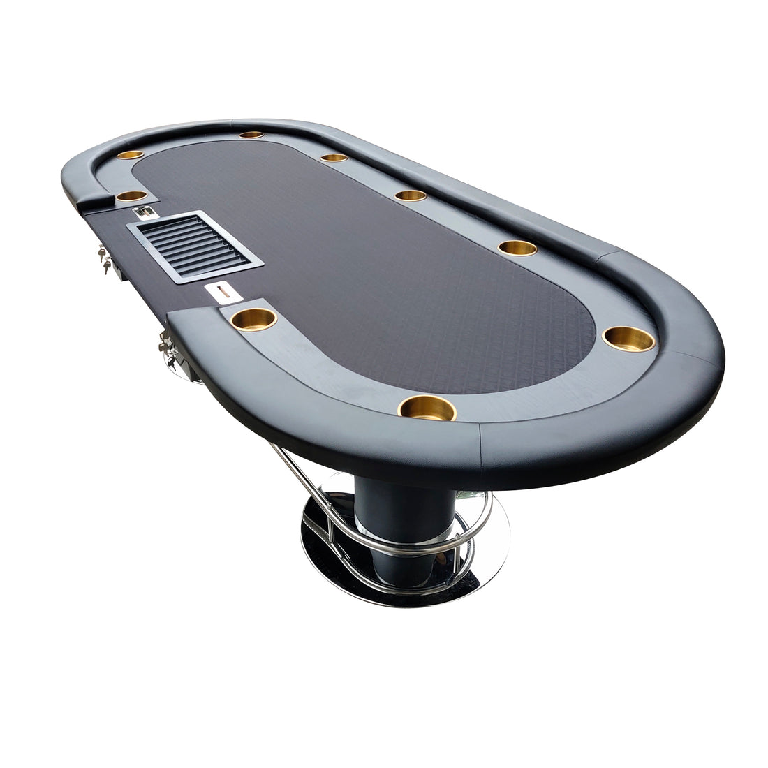 96" Elite Oval Dark Knight Black Waterproof Felt Poker Table With Plastic Chip Tray Steel Drop Box Black Stainless Steel