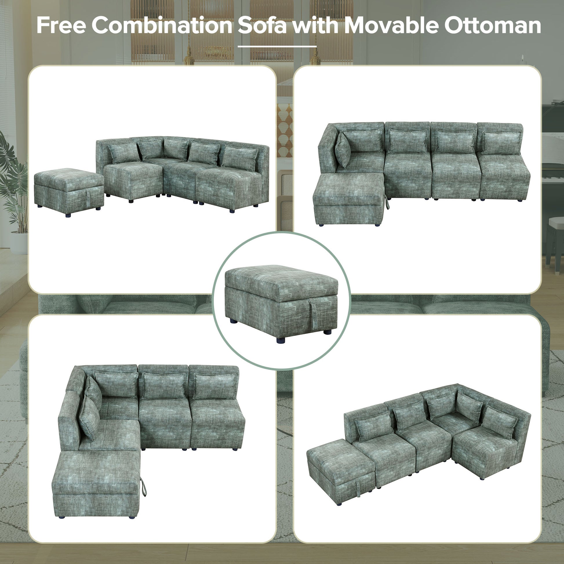 Free Combined Sectional Sofa 5 Seater Modular Couches With Storage Ottoman, 5 Pillows For Living Room, Bedroom, Office, Blue Green Blue Green Foam Chenille