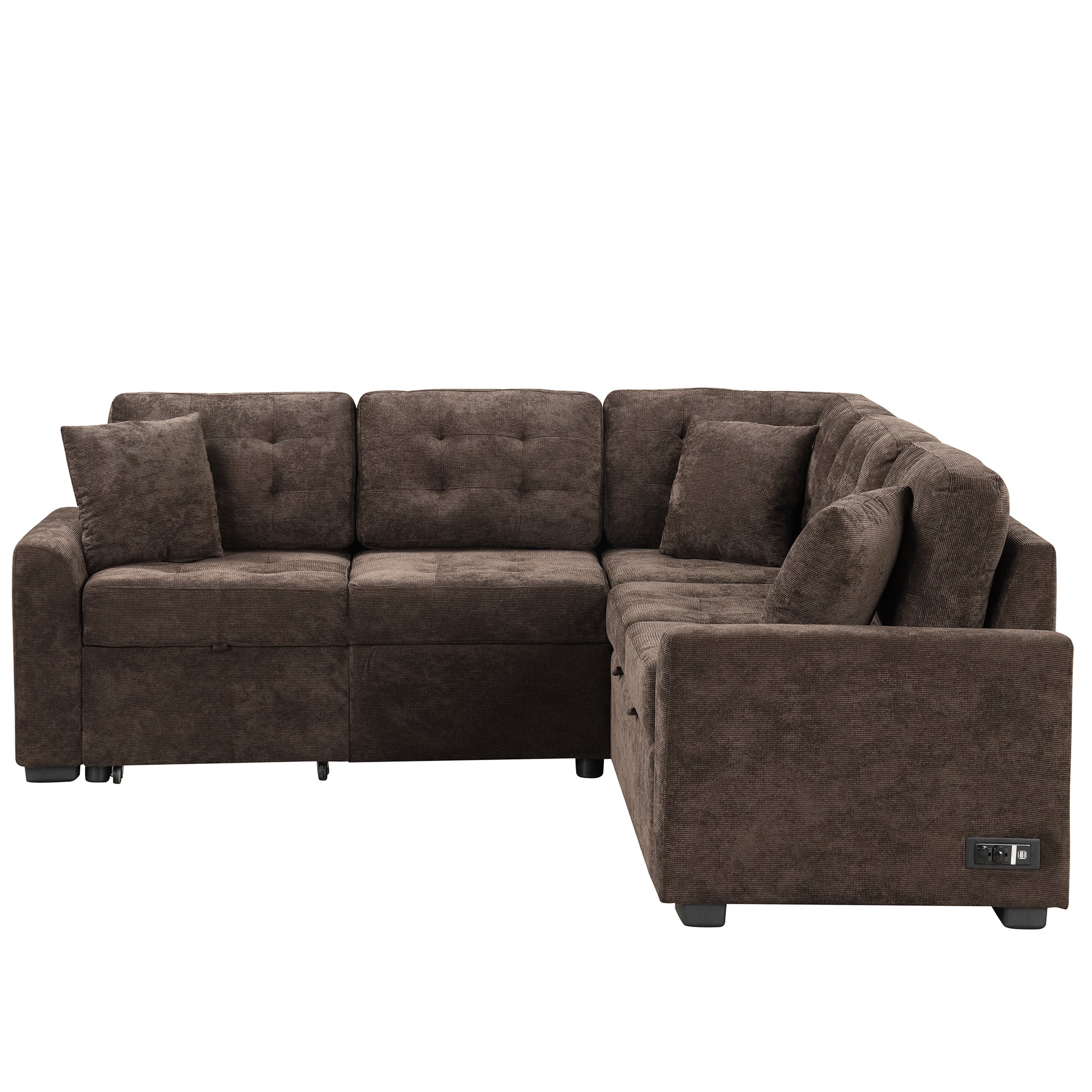 82.6" L Shape Sofa Bed Pull Out Sleeper Sofa With Wheels, Usb Ports, Power Sockets For Living Room, Brown Brown Foam Velvet