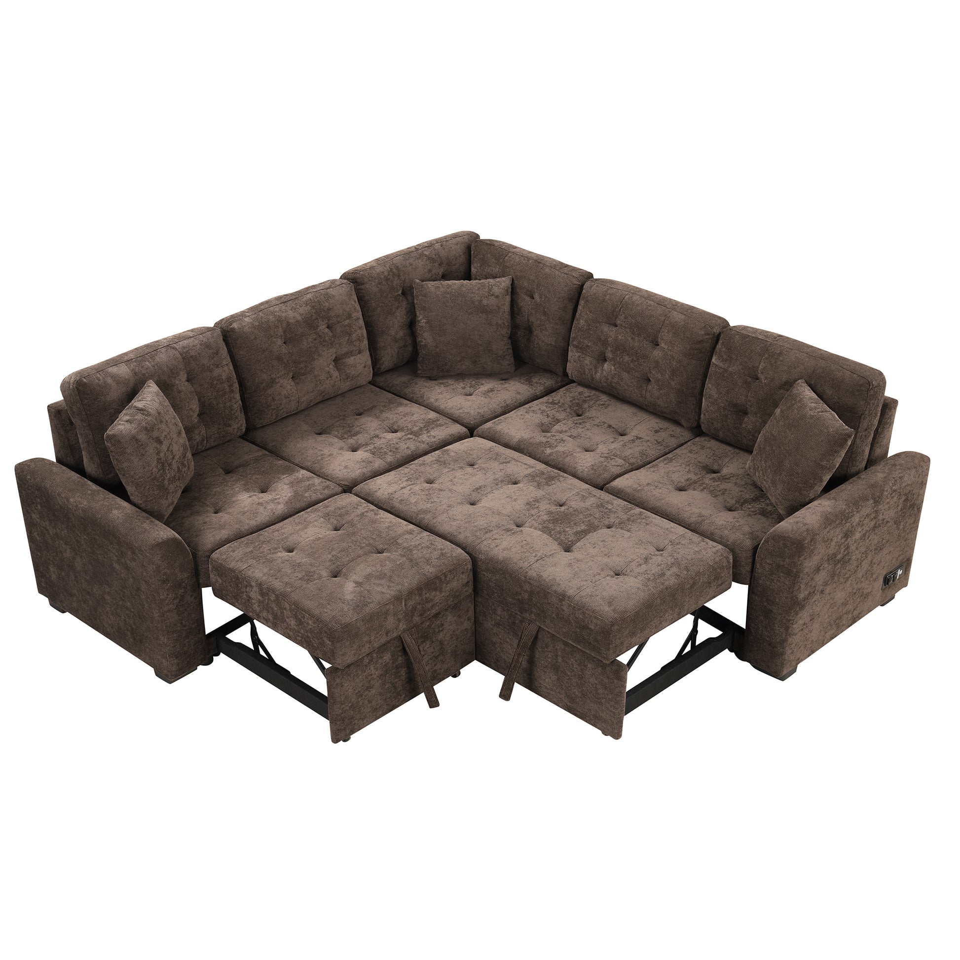 82.6" L Shape Sofa Bed Pull Out Sleeper Sofa With Wheels, Usb Ports, Power Sockets For Living Room, Brown Brown Foam Velvet