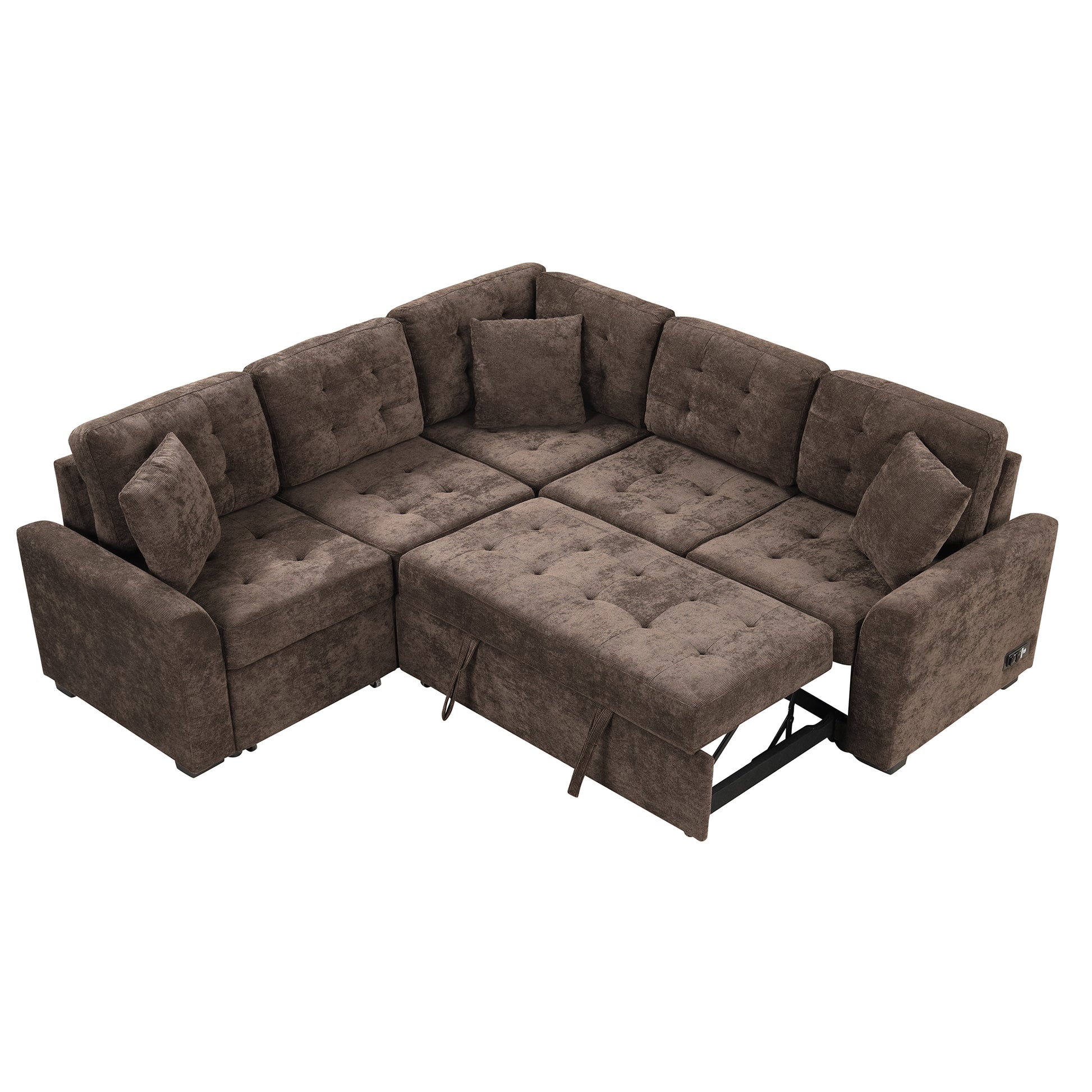 82.6" L Shape Sofa Bed Pull Out Sleeper Sofa With Wheels, Usb Ports, Power Sockets For Living Room, Brown Brown Foam Velvet