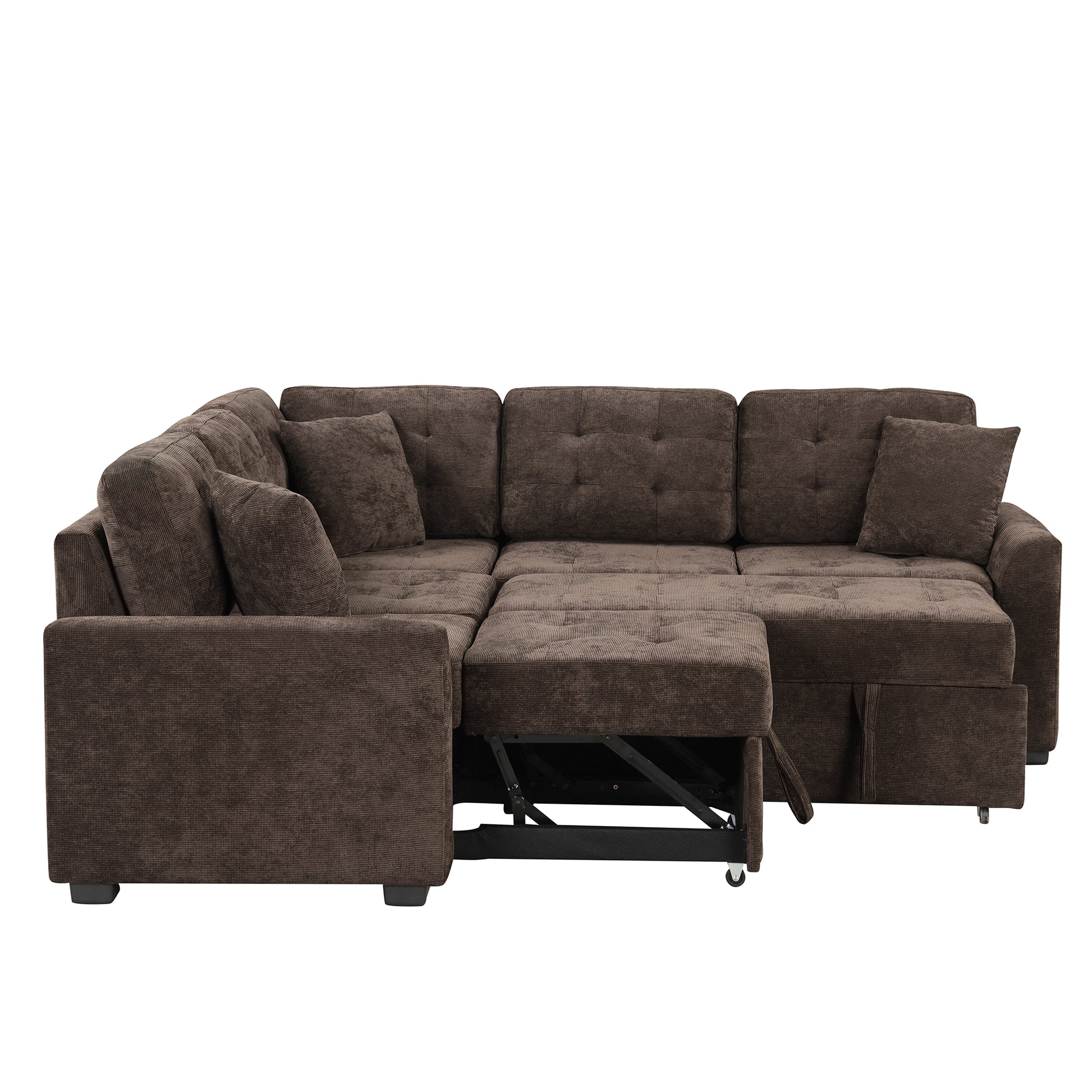 82.6" L Shape Sofa Bed Pull Out Sleeper Sofa With Wheels, Usb Ports, Power Sockets For Living Room, Brown Brown Foam Velvet