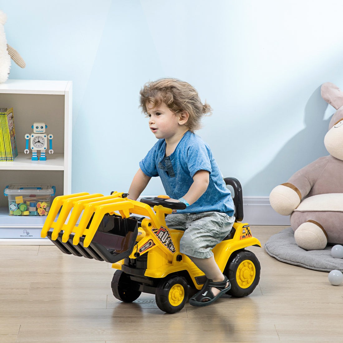 Kids Excavator Ride On Pulling Cart With Sound Effects, Kids Digger Sit N Scoot Ride On Toy For Toddler Or Preschool Age With Under Seat Storage, Treaded Wheels Yellow Polypropylene