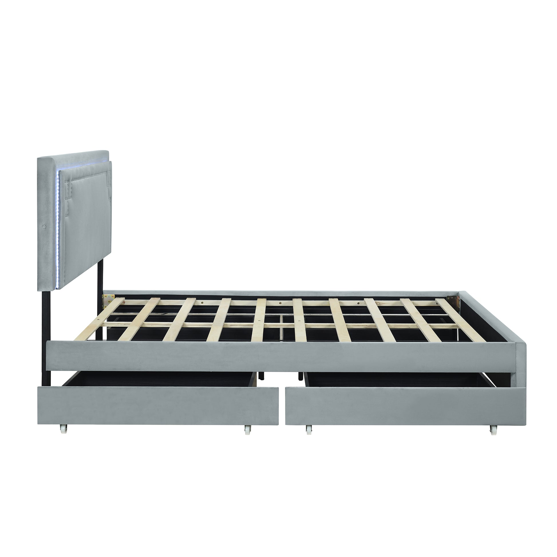 Queen Size Upholstered Platform Bed With Rivet Decorated Headboard, Led Bed Frame And 4 Drawers, Gray Gray Velvet