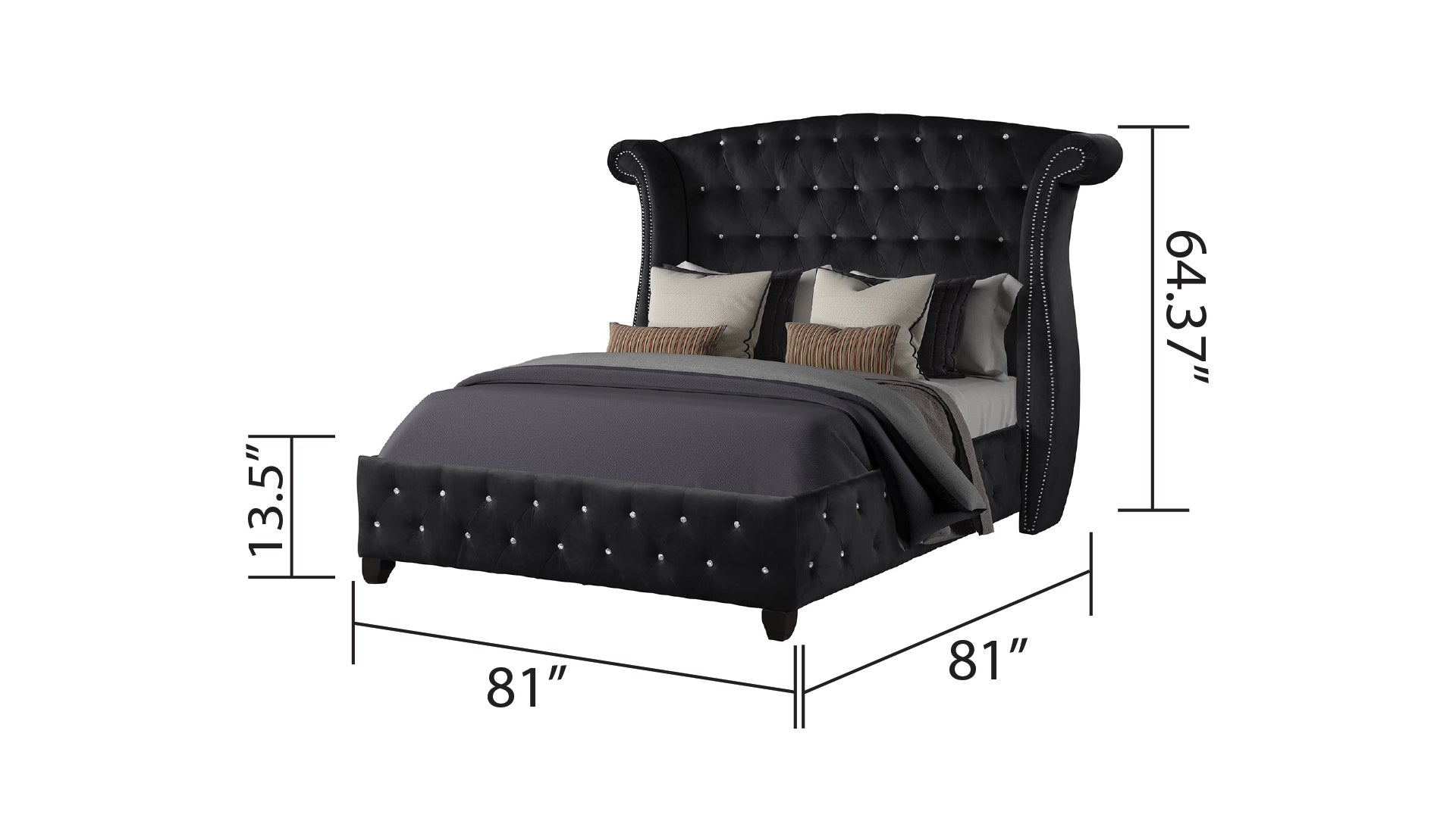 Crystal Tufted King Bed Made With Wood In Black Box Spring Not Required King Black Wood Bedroom Contemporary,Modern Acacia Upholstered Velvet Wood