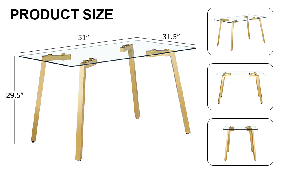 Modern Minimalist Style Rectangular Glass Dining Table With Tempered Glass Tabletop And Golden Metal Legs, Suitable For Kitchen, Dining Room, And Living Room, 51 " * 31.5 " * 29.5 "1123 Transparent Glass