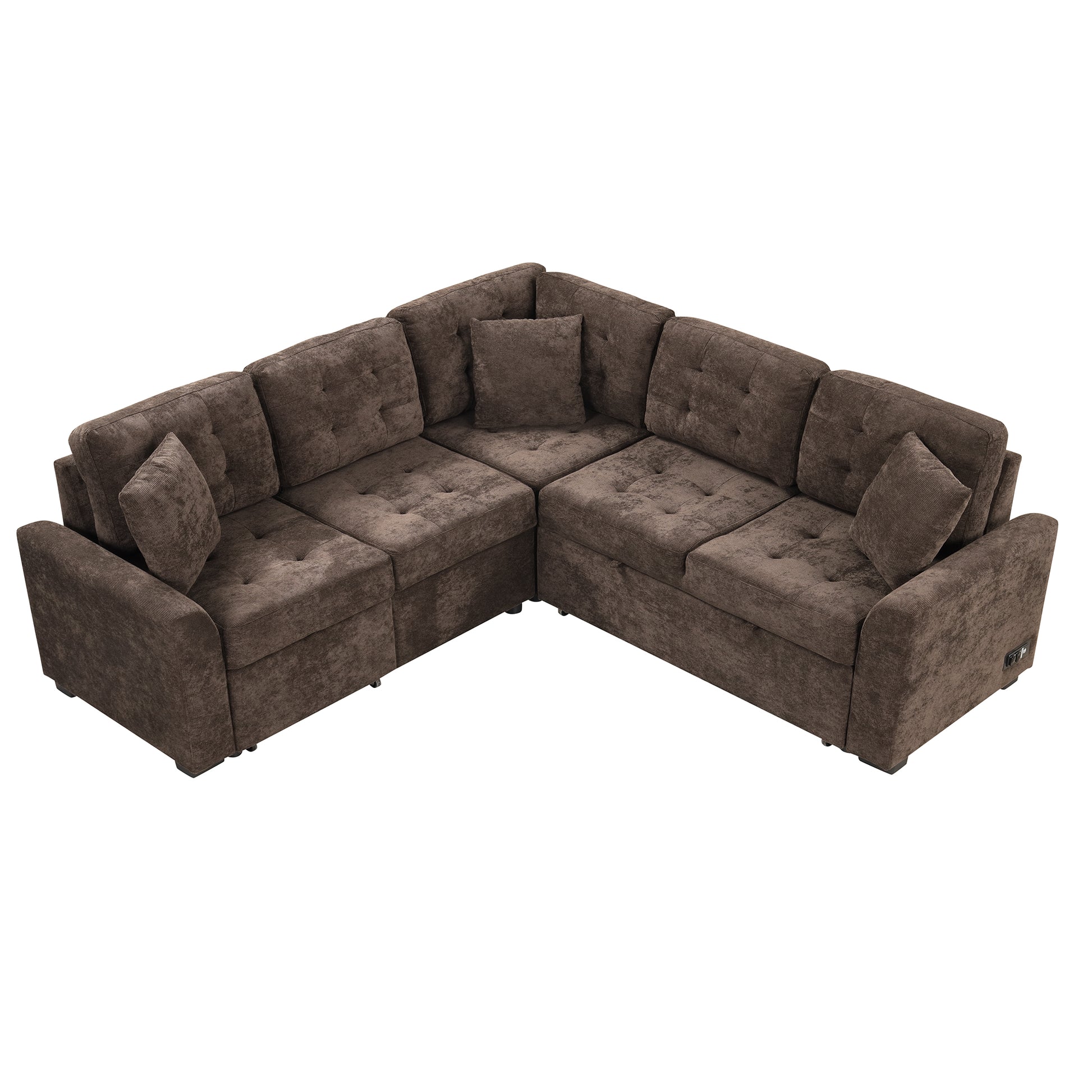 82.6" L Shape Sofa Bed Pull Out Sleeper Sofa With Wheels, Usb Ports, Power Sockets For Living Room, Brown Brown Foam Velvet