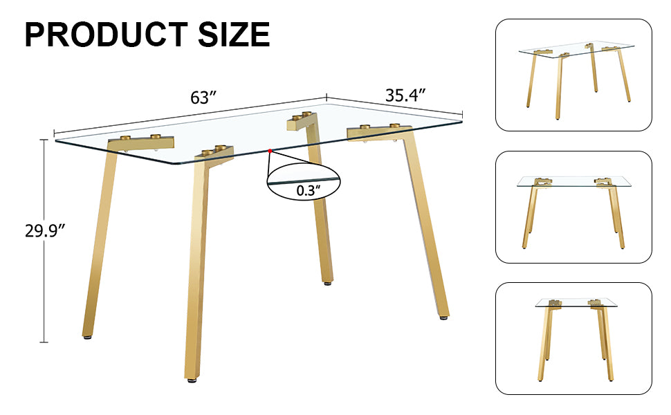 Modern Minimalist Style Rectangular Glass Dining Table With Tempered Glass Tabletop And Golden Metal Legs, Suitable For Kitchen, Dining Room, And Living Room, 63 Inches * 35.4 Inches * 30 Inches