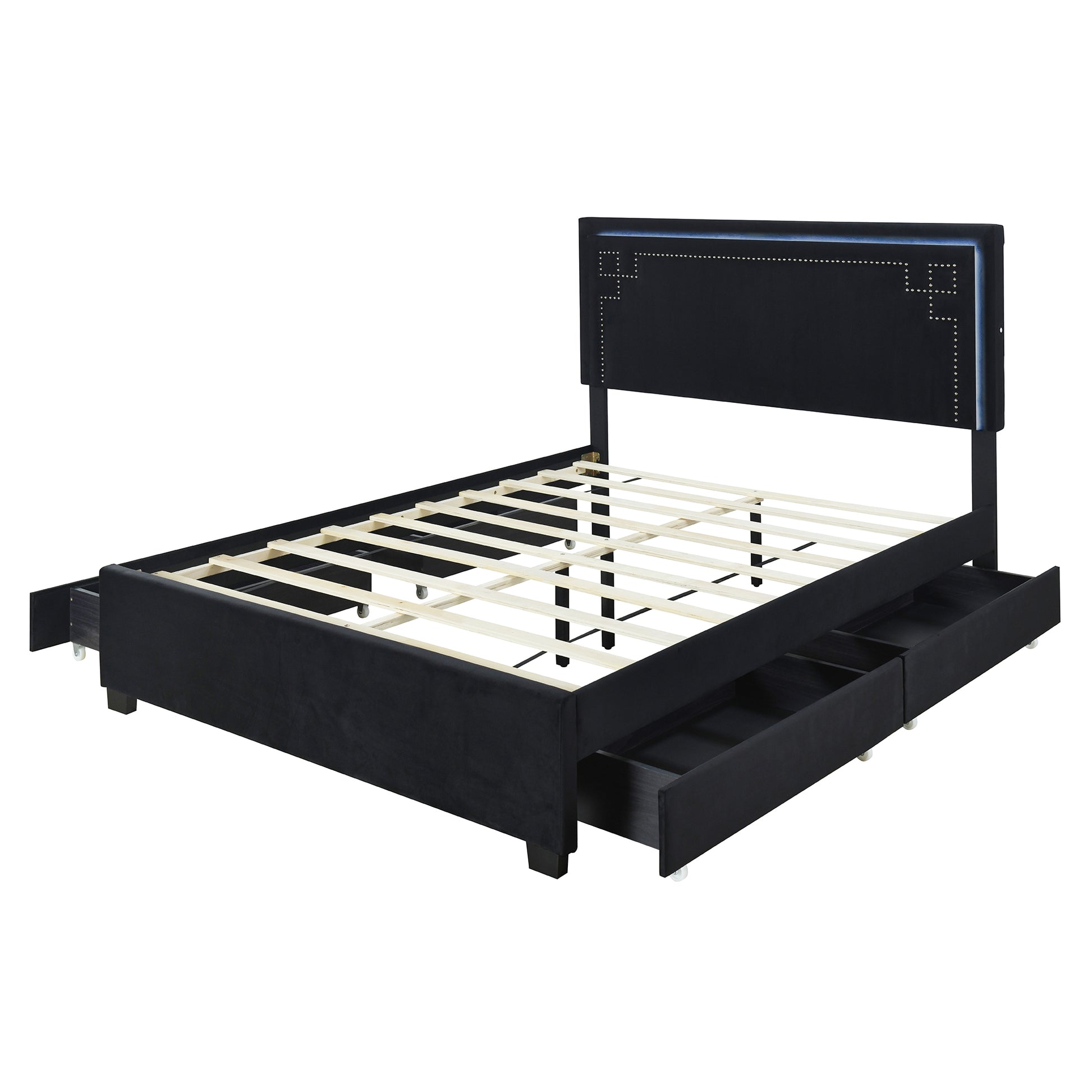 Queen Size Upholstered Platform Bed With Rivet Decorated Headboard, Led Bed Frame And 4 Drawers, Black Black Velvet