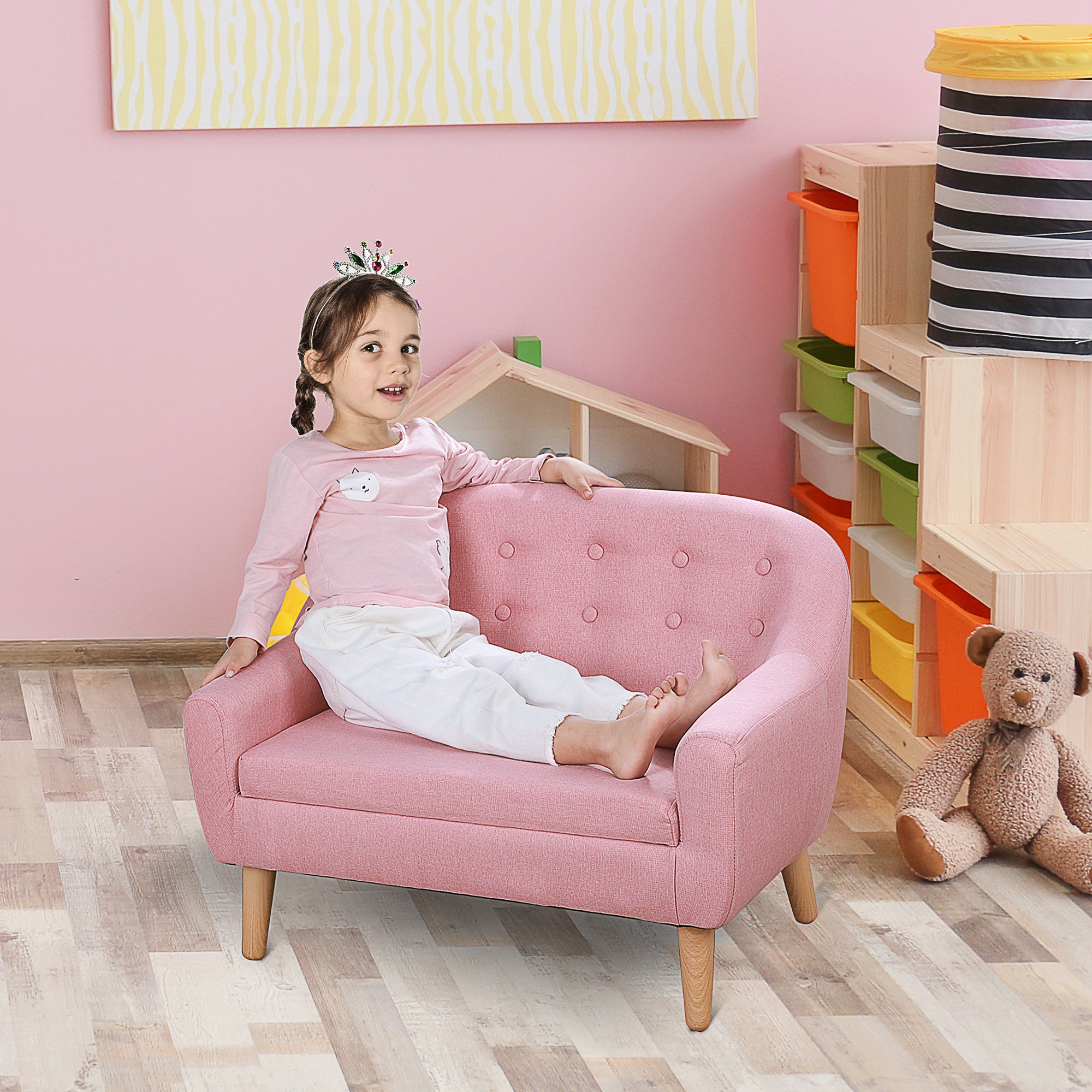 2 Seat Kids Sofa Linen Fabric and Wooden Frame Sofa pink-polyester