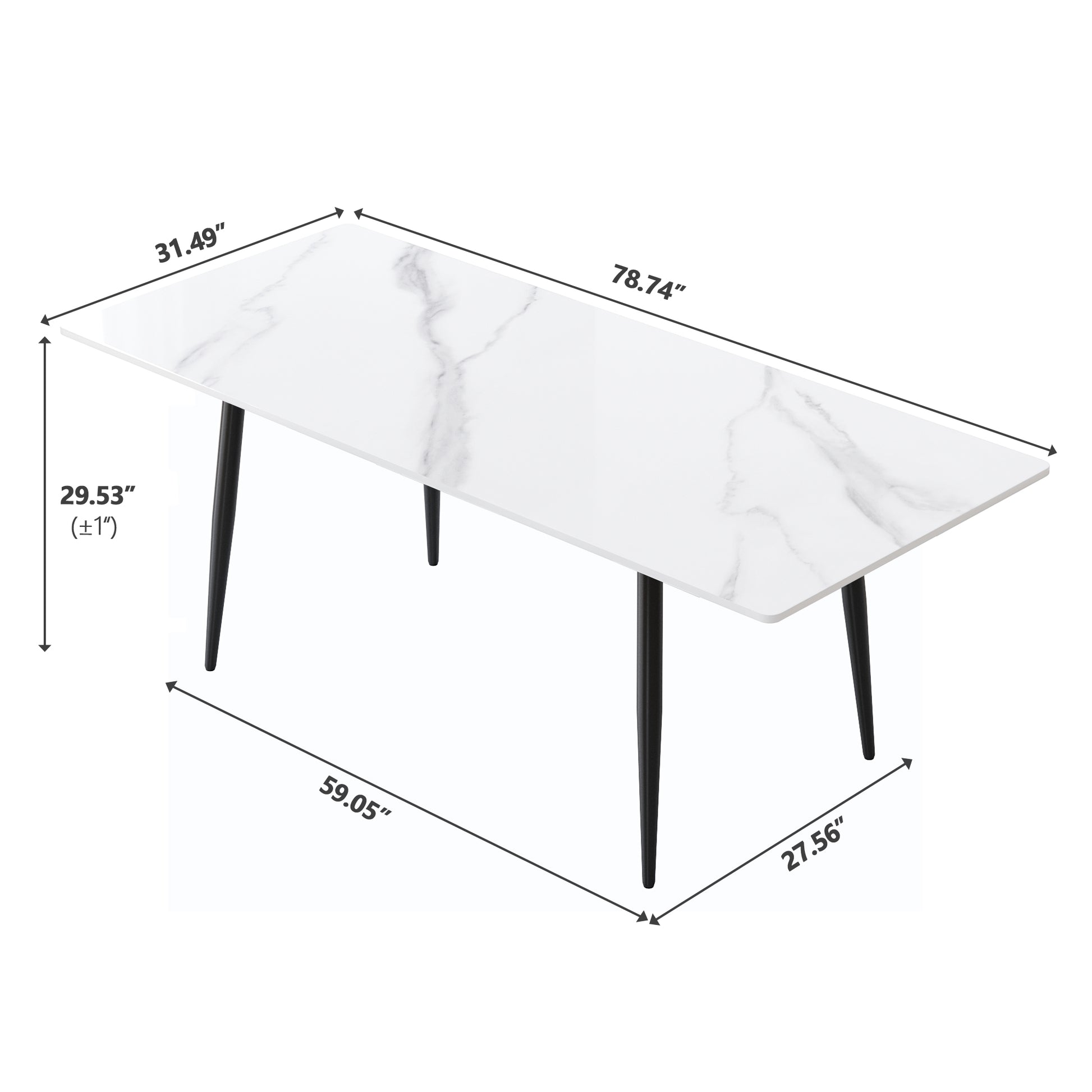 78.74" Modern Artificial Stone White Straight Edge Black Metal Leg Dining Table Can Accommodate 8 People White Metal Sintered Stone