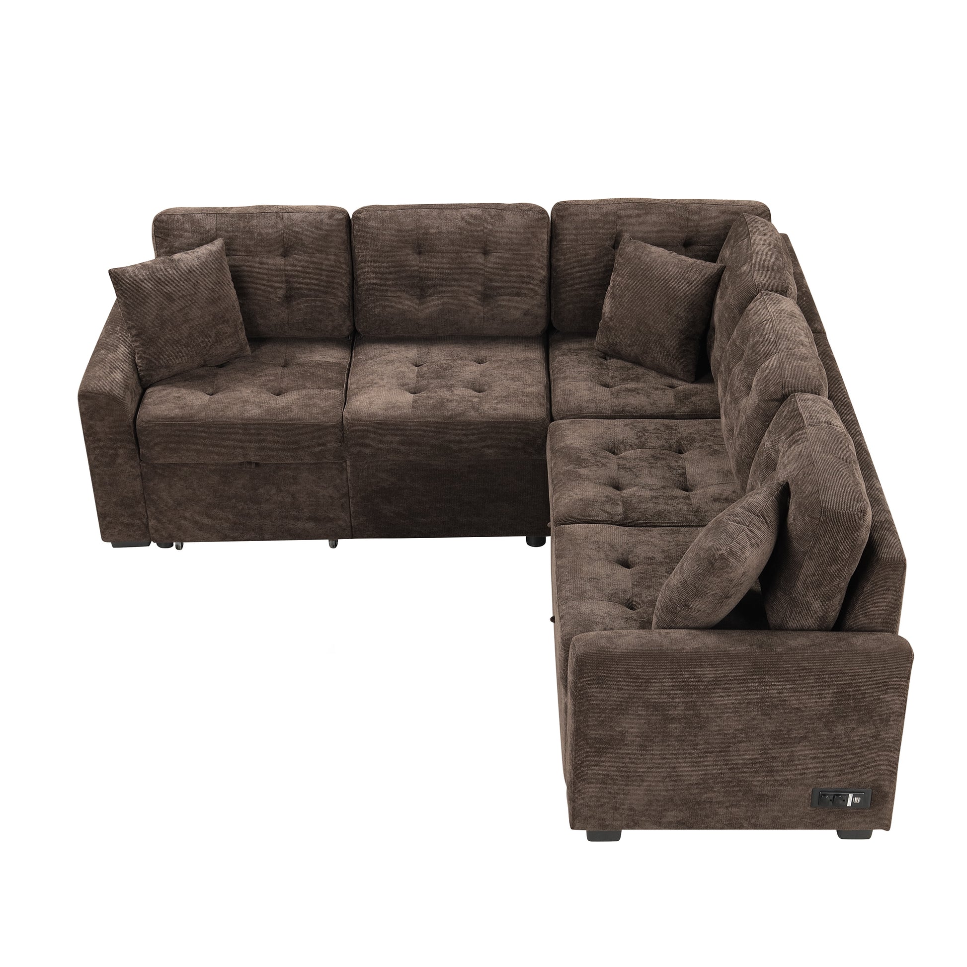 82.6" L Shape Sofa Bed Pull Out Sleeper Sofa With Wheels, Usb Ports, Power Sockets For Living Room, Brown Brown Foam Velvet