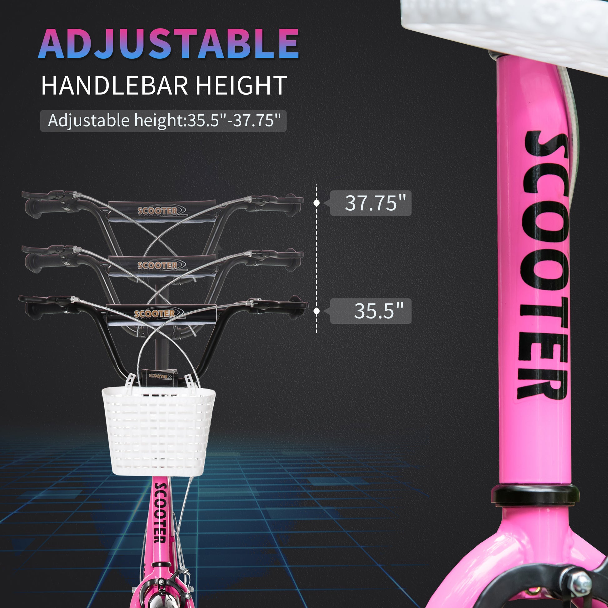 Youth Scooter, Kick Scooter With Adjustable Handlebars, Double Brakes, 16" Inflatable Rubber Tires, Basket, Cupholder, Pink Pink Metal