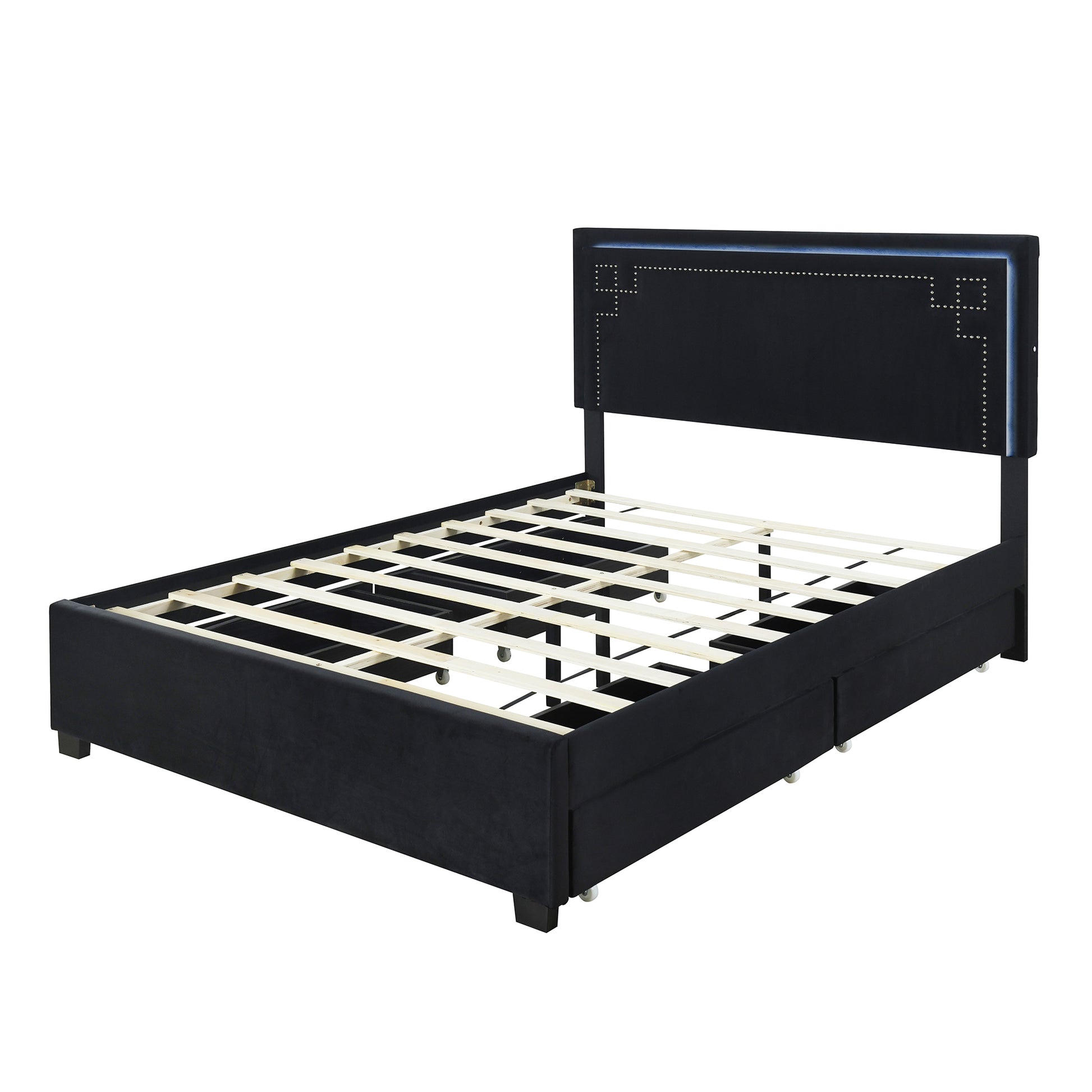 Queen Size Upholstered Platform Bed With Rivet Decorated Headboard, Led Bed Frame And 4 Drawers, Black Black Velvet