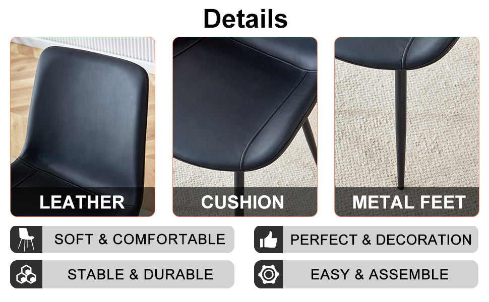 Black Artificial Leather Backrest Cushion Dining Chair, Black Metal Legs, Curved Widened Cushion Design For More Comfort, Suitable For Restaurants, Kitchens, Bedrooms, Offices. 4 Chairs 0502 Black