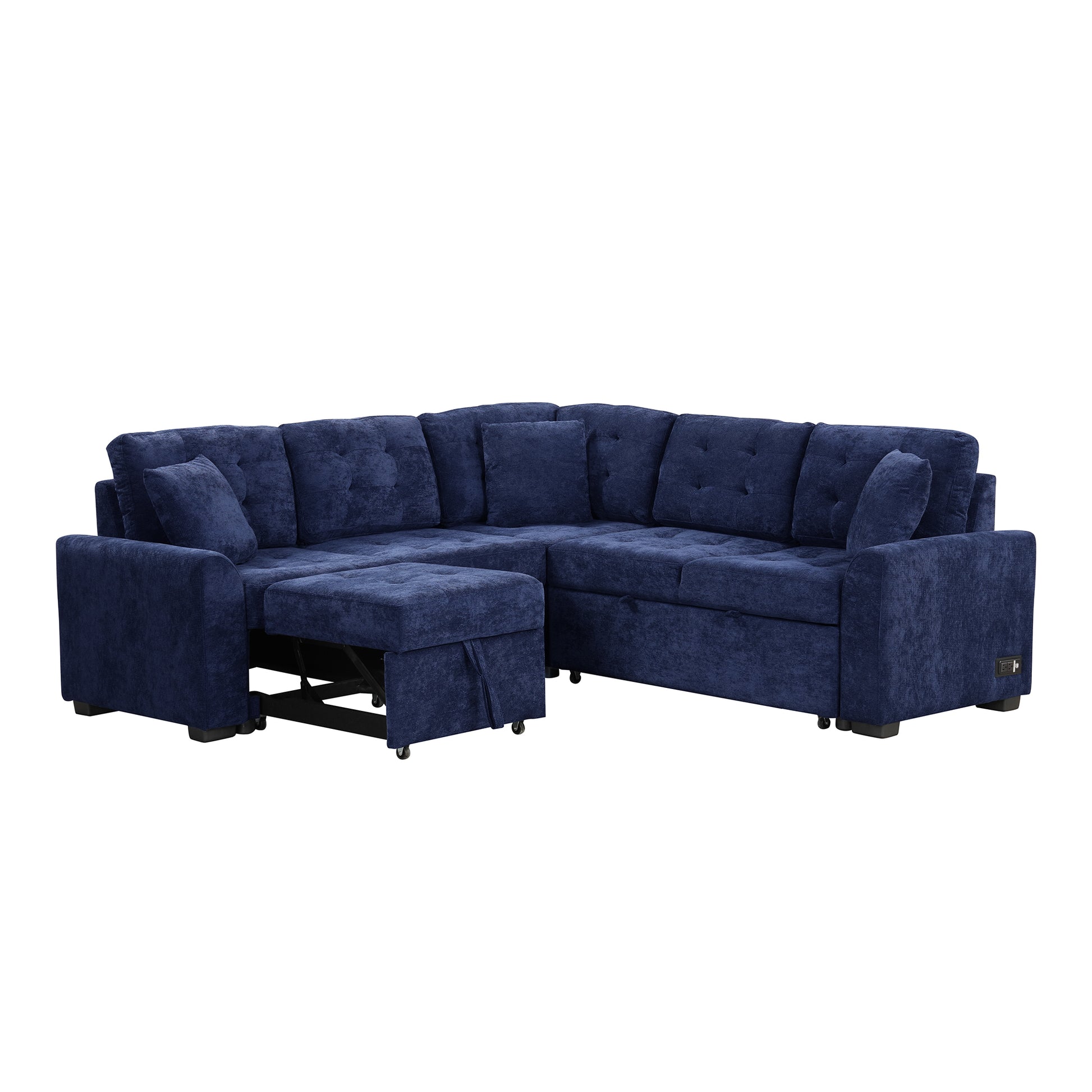 82.6" L Shape Sofa Bed Pull Out Sleeper Sofa With Wheels, Usb Ports, Power Sockets For Living Room, Navy Blue Navy Blue Foam Velvet