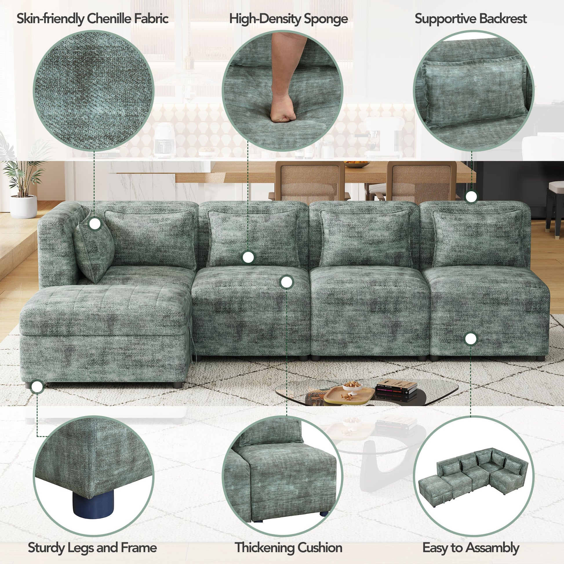 Free Combined Sectional Sofa 5 Seater Modular Couches With Storage Ottoman, 5 Pillows For Living Room, Bedroom, Office, Blue Green Blue Green Foam Chenille