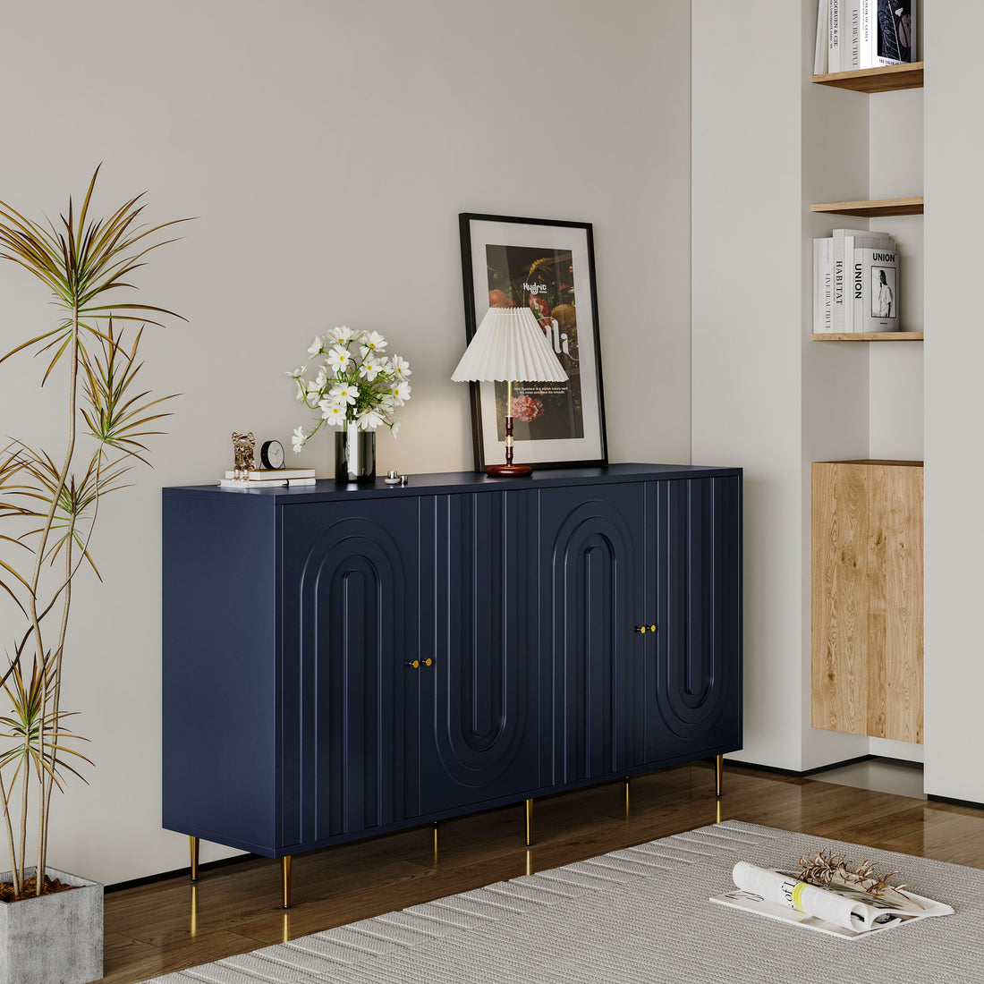 Modern Blue Lacquered 4 Door Wooden Cabinet Sideboard Buffet Server Cabinet Storage Cabinet, For Living Room, Entryway, Hallway, Office, Kitchen And Dining Room Lacquered Blue Adjustable Shelves Mdf