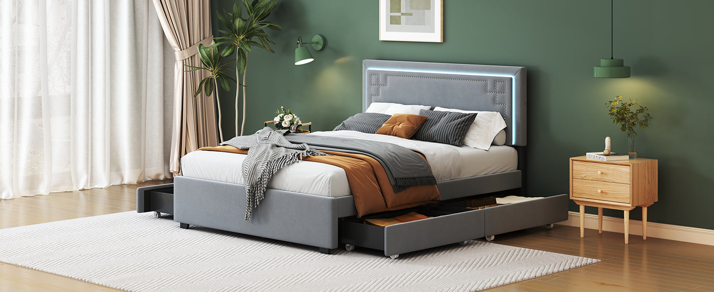 Queen Size Upholstered Platform Bed With Rivet Decorated Headboard, Led Bed Frame And 4 Drawers, Gray Gray Velvet