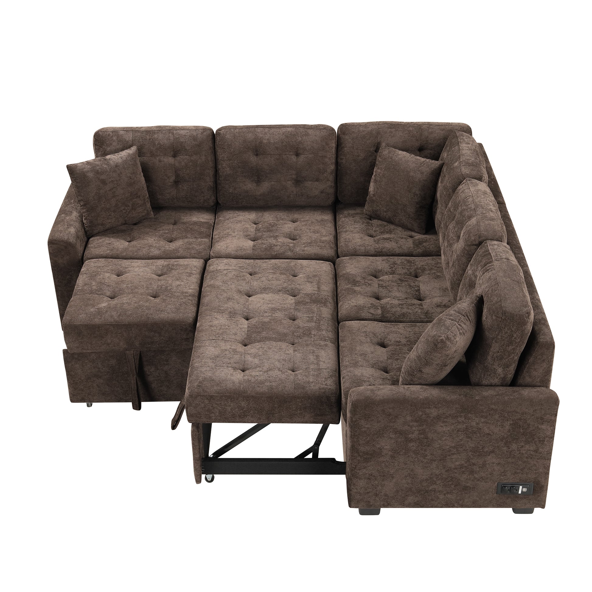 82.6" L Shape Sofa Bed Pull Out Sleeper Sofa With Wheels, Usb Ports, Power Sockets For Living Room, Brown Brown Foam Velvet