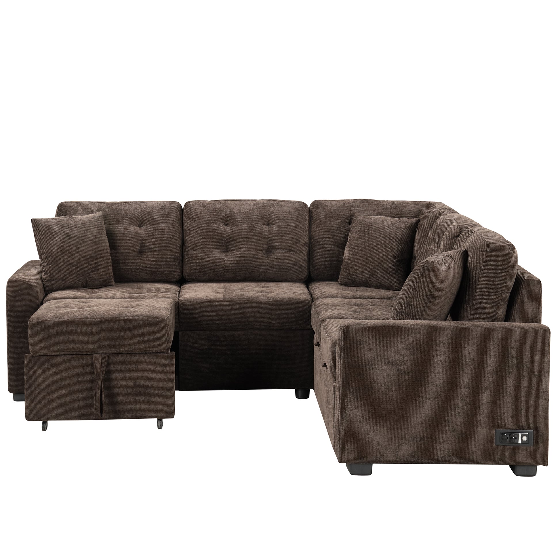 82.6" L Shape Sofa Bed Pull Out Sleeper Sofa With Wheels, Usb Ports, Power Sockets For Living Room, Brown Brown Foam Velvet