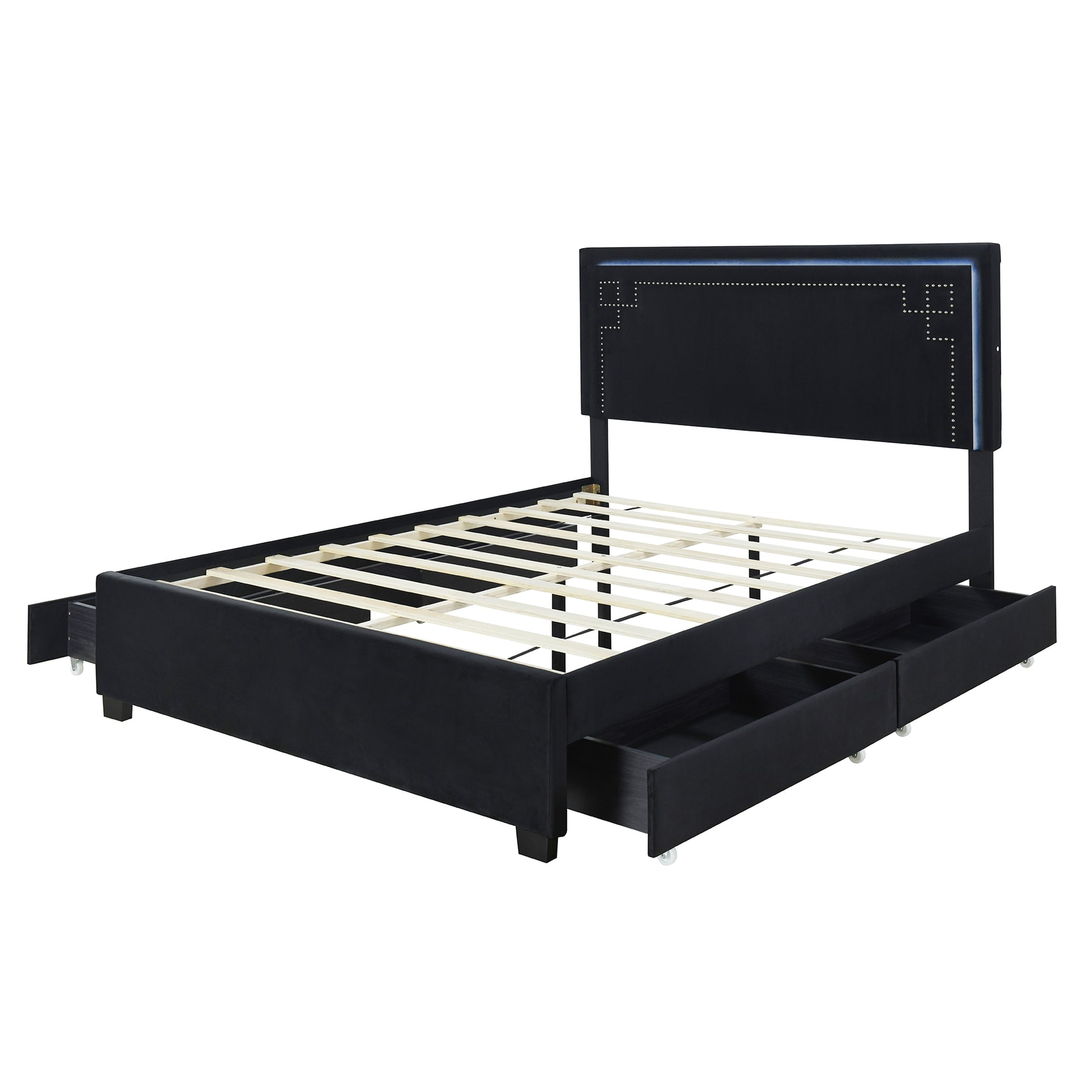 Queen Size Upholstered Platform Bed With Rivet Decorated Headboard, Led Bed Frame And 4 Drawers, Black Black Velvet