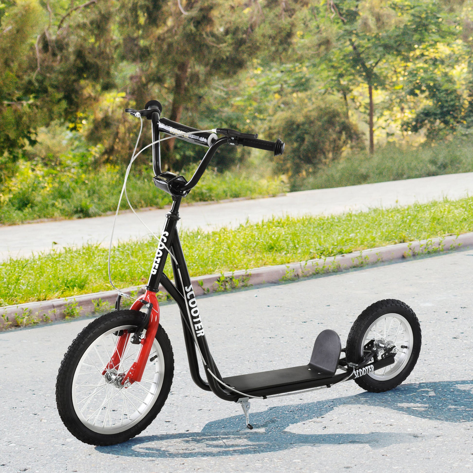 Youth Scooter, Teens Kick Scooter, Adjustable Handlebar Ride On Toy For 5 With 16" Front And 12" Rear Dual Brakes Inflatable Wheels, Black Black Steel