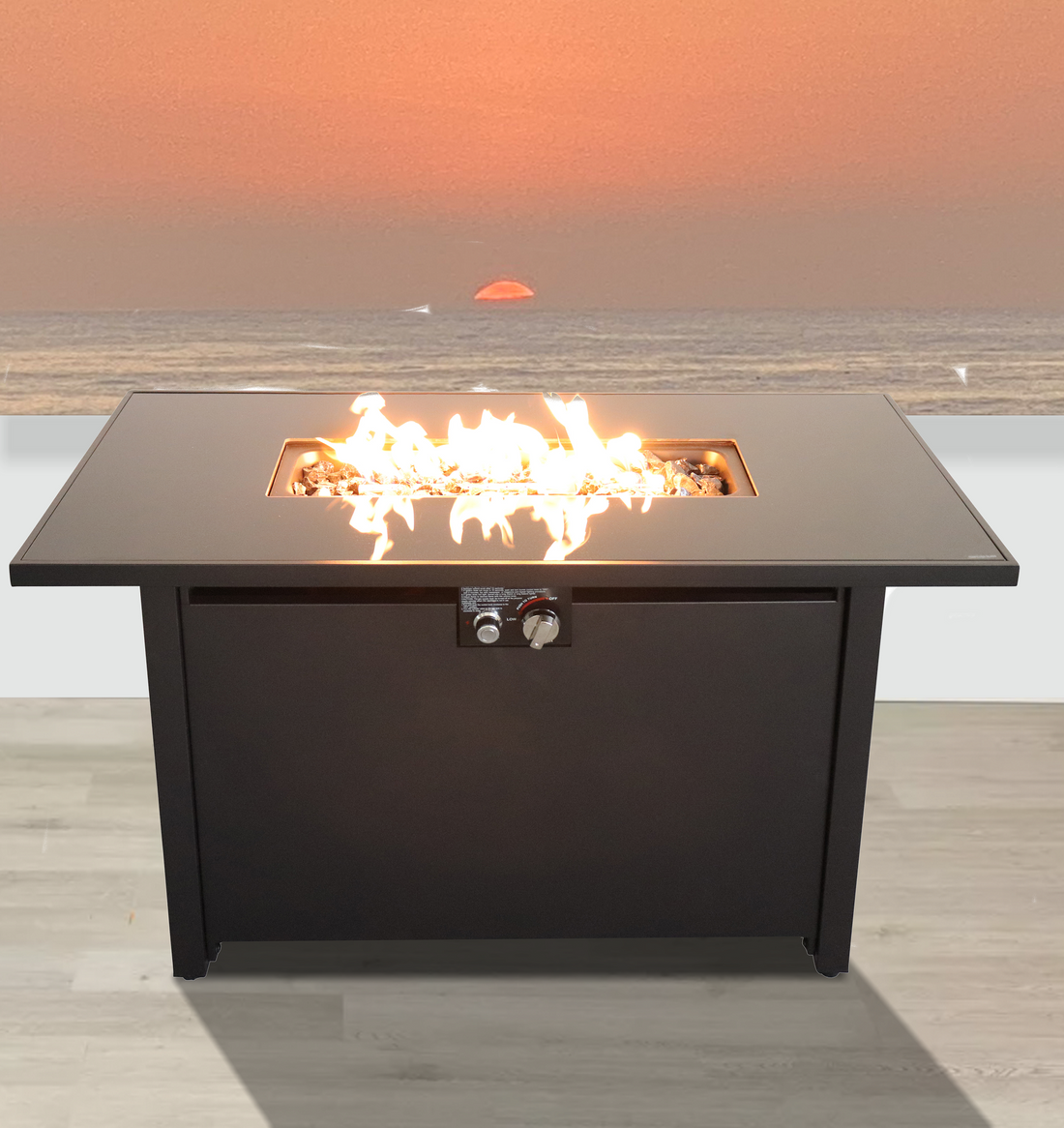 Lsi 43" Smoked Glass Metal Rectangle Fire Pit Black Black Garden & Outdoor Modern Sintered Stone Stainless Steel