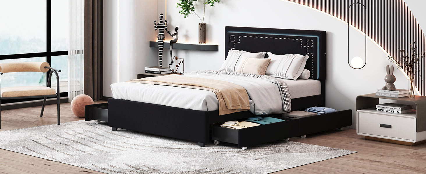 Queen Size Upholstered Platform Bed With Rivet Decorated Headboard, Led Bed Frame And 4 Drawers, Black Black Velvet