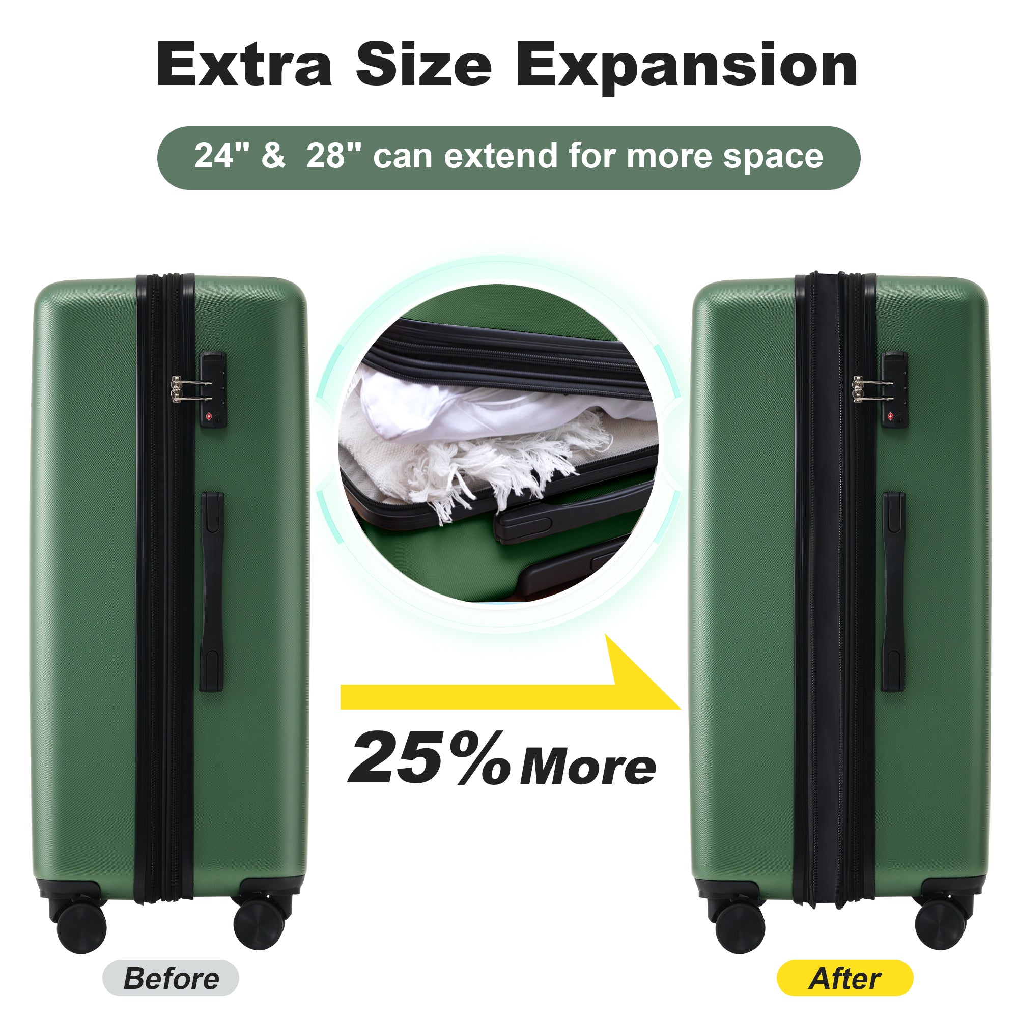 Hardshell Luggage Sets 2 Pieces 24" 28" Expandable green-abs