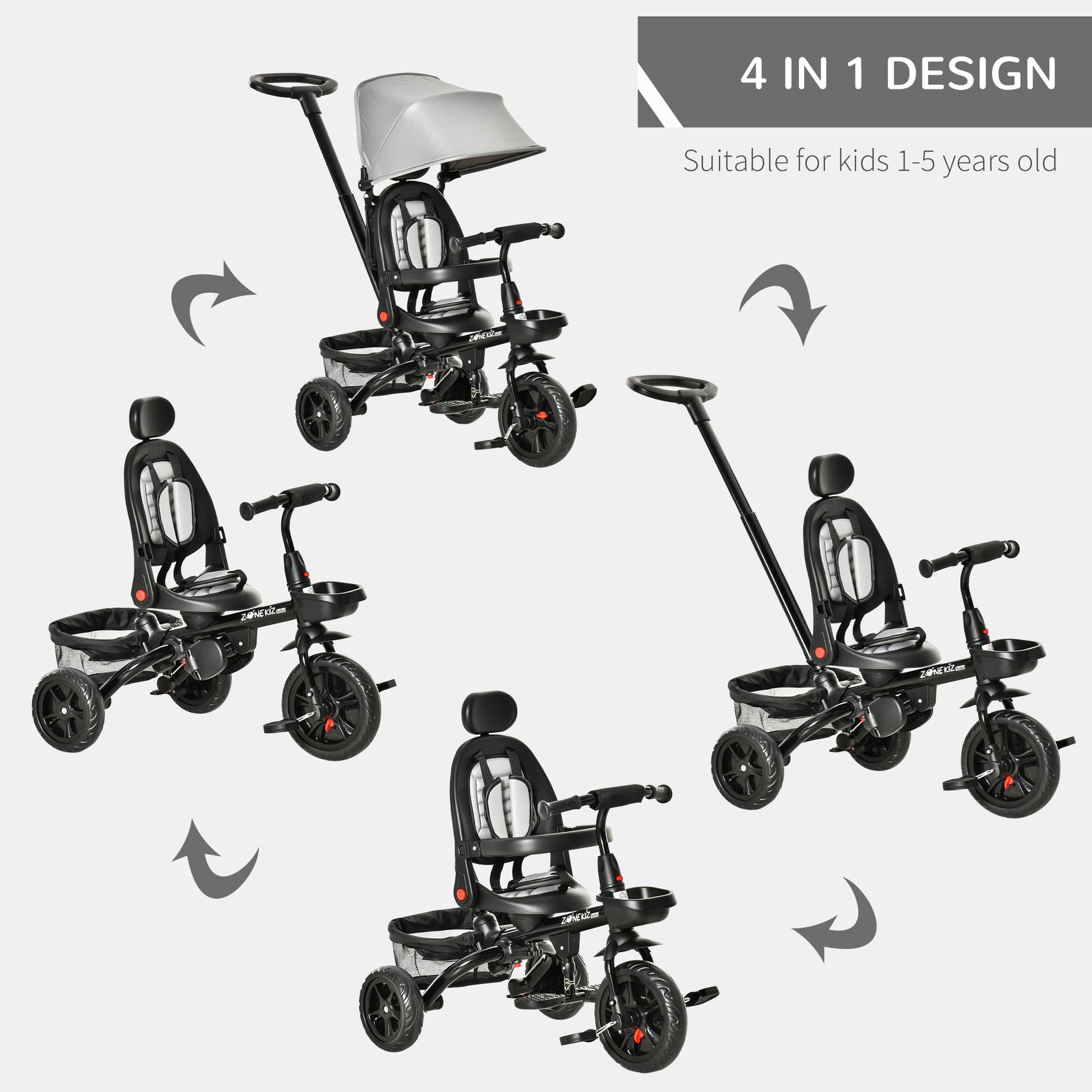 Baby Tricycle 4 In 1 Trike W Reversible Angle Adjustable Seat Removable Handle Canopy Handrail Belt Storage Footrest Brake Clutch For 1 5 Years Old Grey Grey Polypropylene