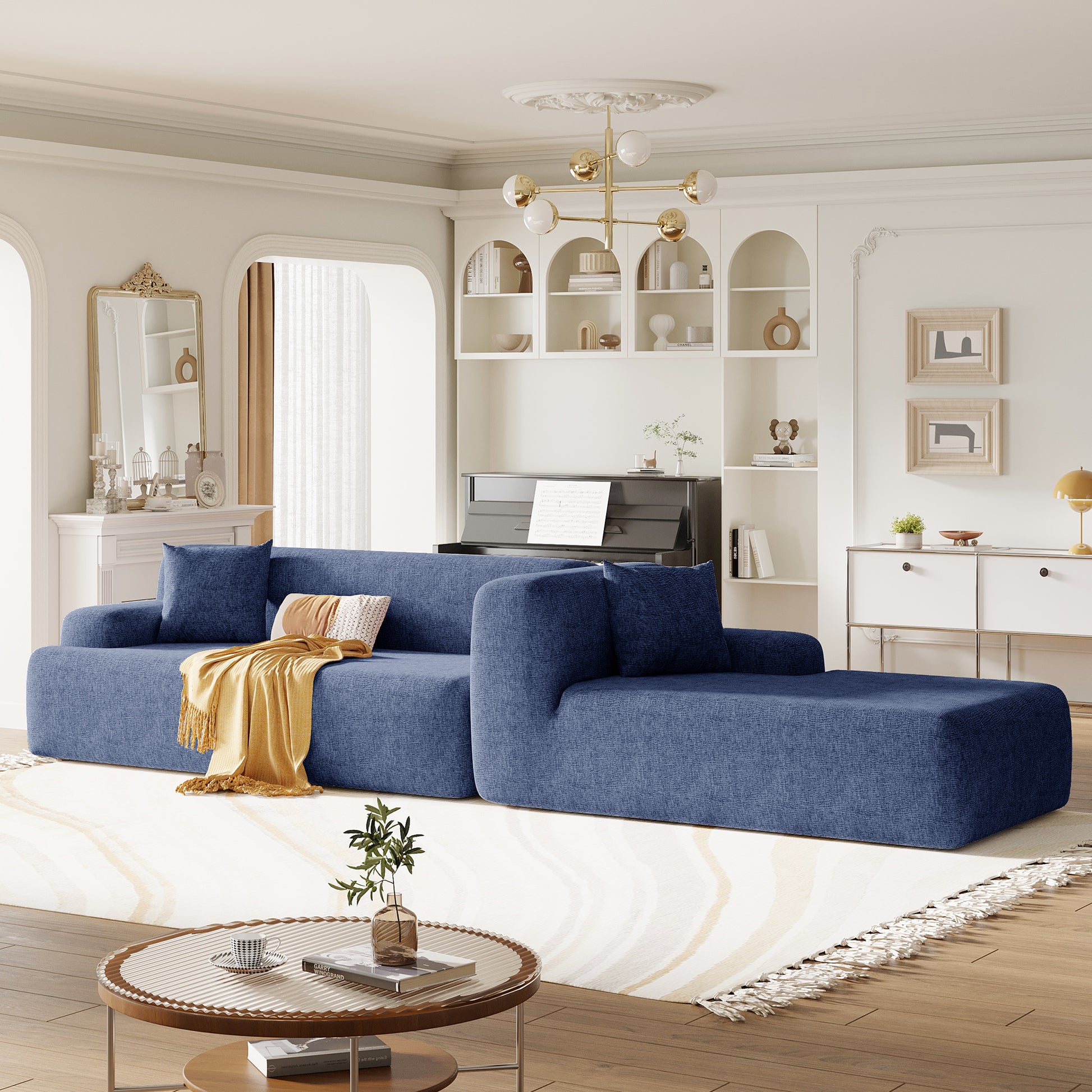 Modern Large L Shape Modular Sectional Sofa For Living Room, Bedroom, Salon, 2 Piece Free Combination, Simplified Style Blue Polyester 3 Seat