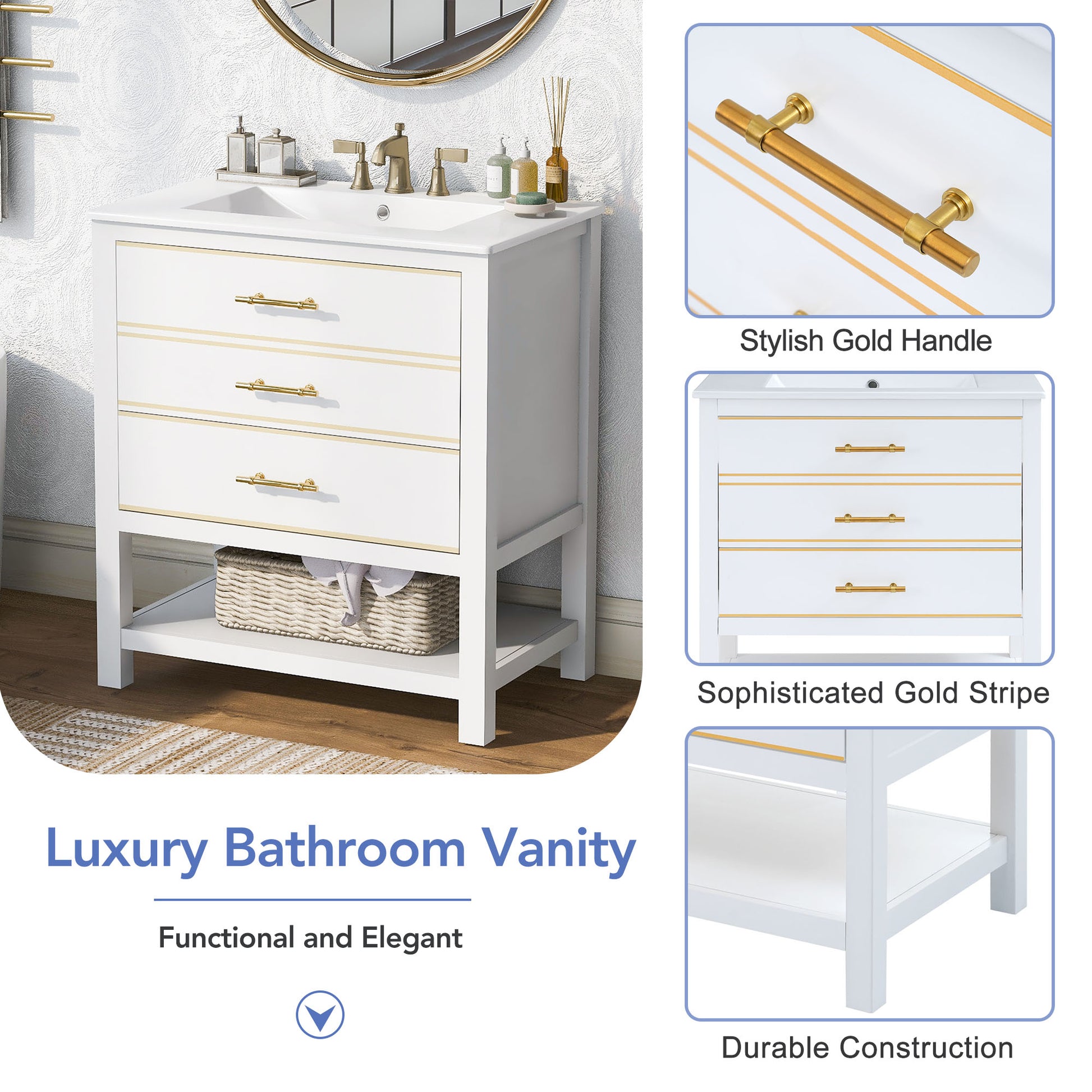 Viedo Modern 30Inch Navy Blue White Bathroom Vanity Cabinet Combo With Openstorge, Two Drawers White Solid Wood Mdf