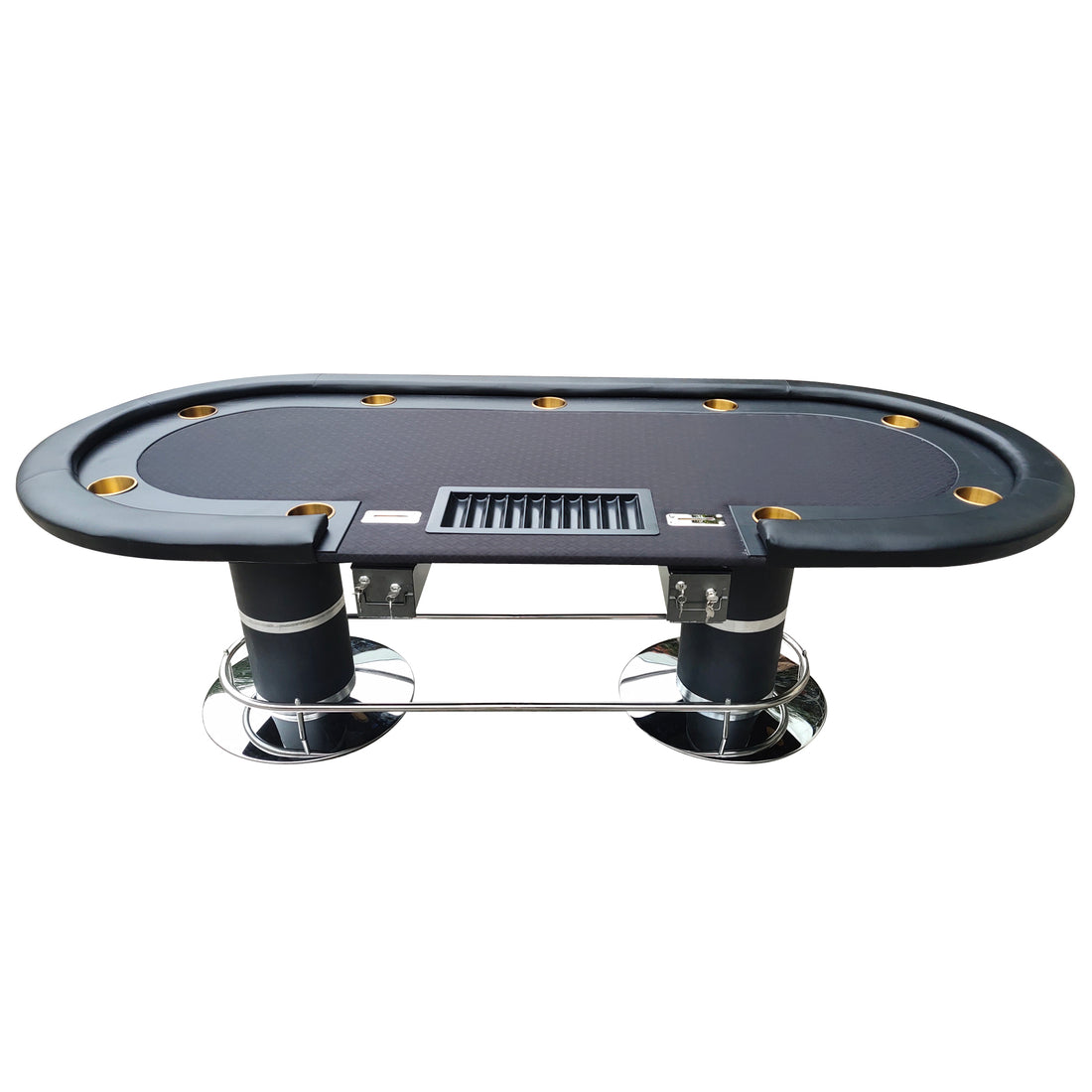 96" Elite Oval Dark Knight Black Waterproof Felt Poker Table With Plastic Chip Tray Steel Drop Box Black Stainless Steel