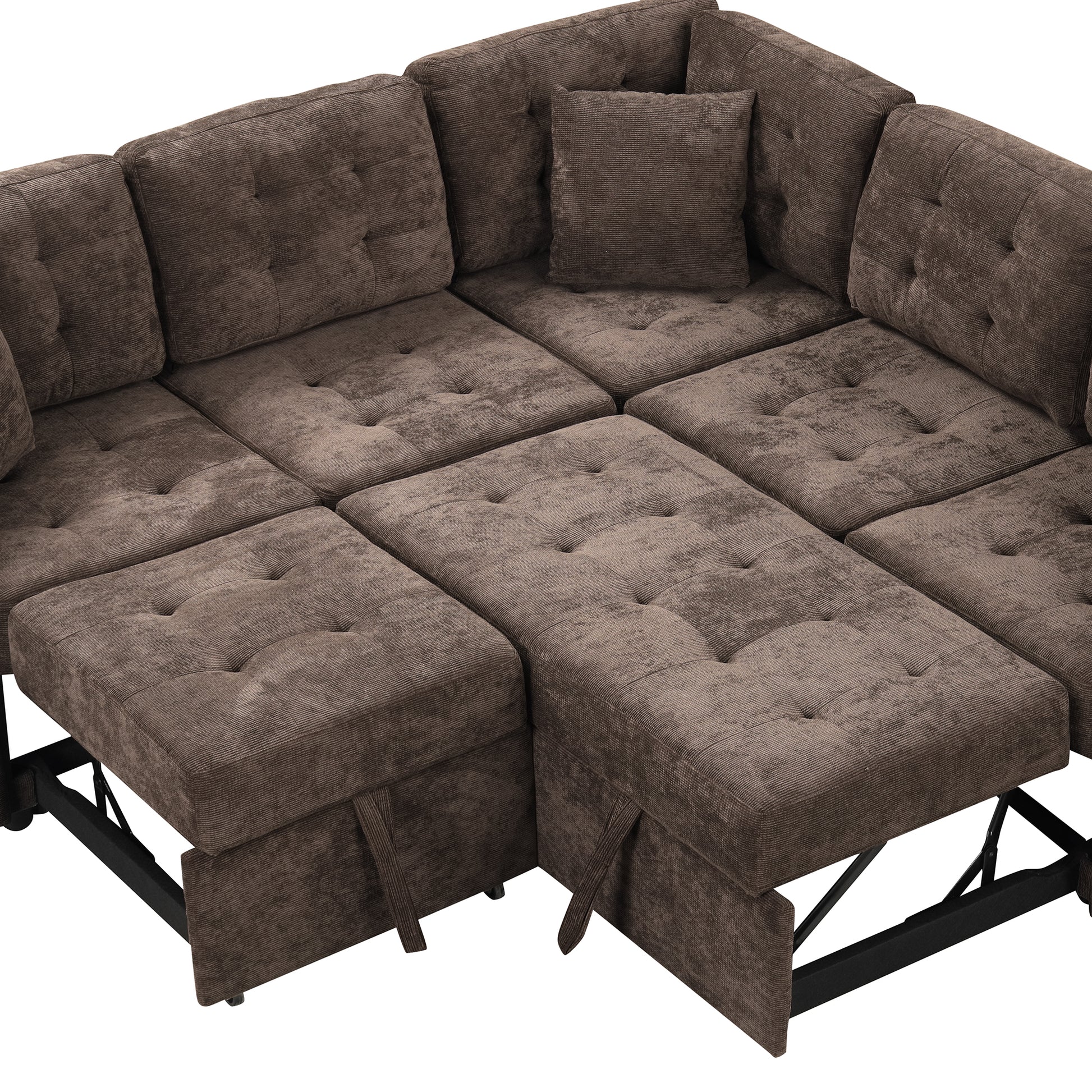 82.6" L Shape Sofa Bed Pull Out Sleeper Sofa With Wheels, Usb Ports, Power Sockets For Living Room, Brown Brown Foam Velvet