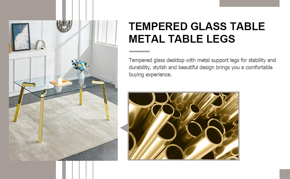 Modern Minimalist Style Rectangular Glass Dining Table With Tempered Glass Tabletop And Golden Metal Legs, Suitable For Kitchen, Dining Room, And Living Room, 63 Inches * 35.4 Inches * 30 Inches