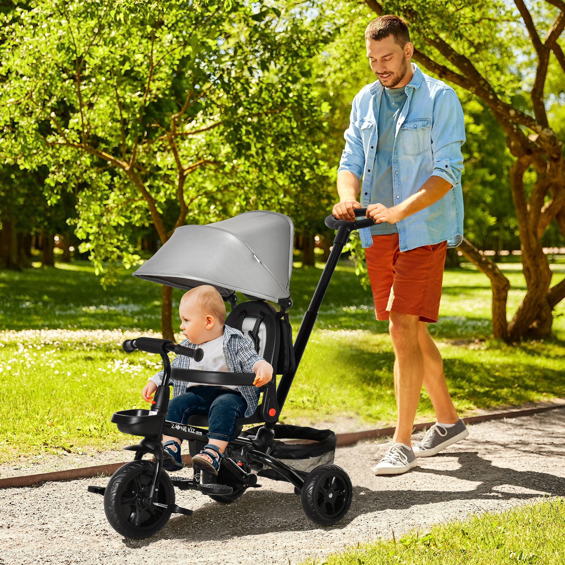 Baby Tricycle 4 In 1 Trike W Reversible Angle Adjustable Seat Removable Handle Canopy Handrail Belt Storage Footrest Brake Clutch For 1 5 Years Old Grey Grey Polypropylene