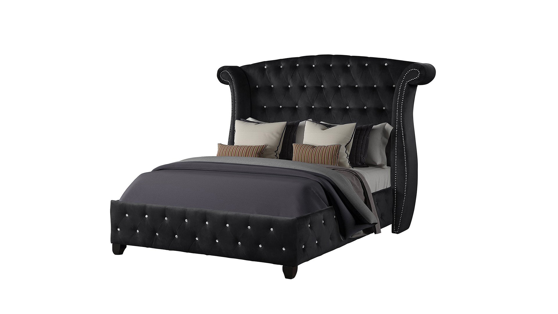 Sophia Crystal Tufted Full Bed Made With Wood In Black Color Box Spring Not Required Full Black Wood Bedroom Contemporary,Modern Acacia Upholstered Velvet Wood