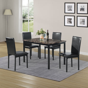 Furniture 5 Piece Metal Dinette Set With Faux Marble Top Black,Dinning Set,Table&4 Chairs Black Metal