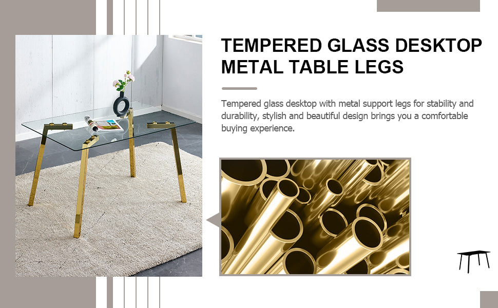 Modern Minimalist Style Rectangular Glass Dining Table With Tempered Glass Tabletop And Golden Metal Legs, Suitable For Kitchen, Dining Room, And Living Room, 51 " * 31.5 " * 29.5 "1123 Transparent Glass